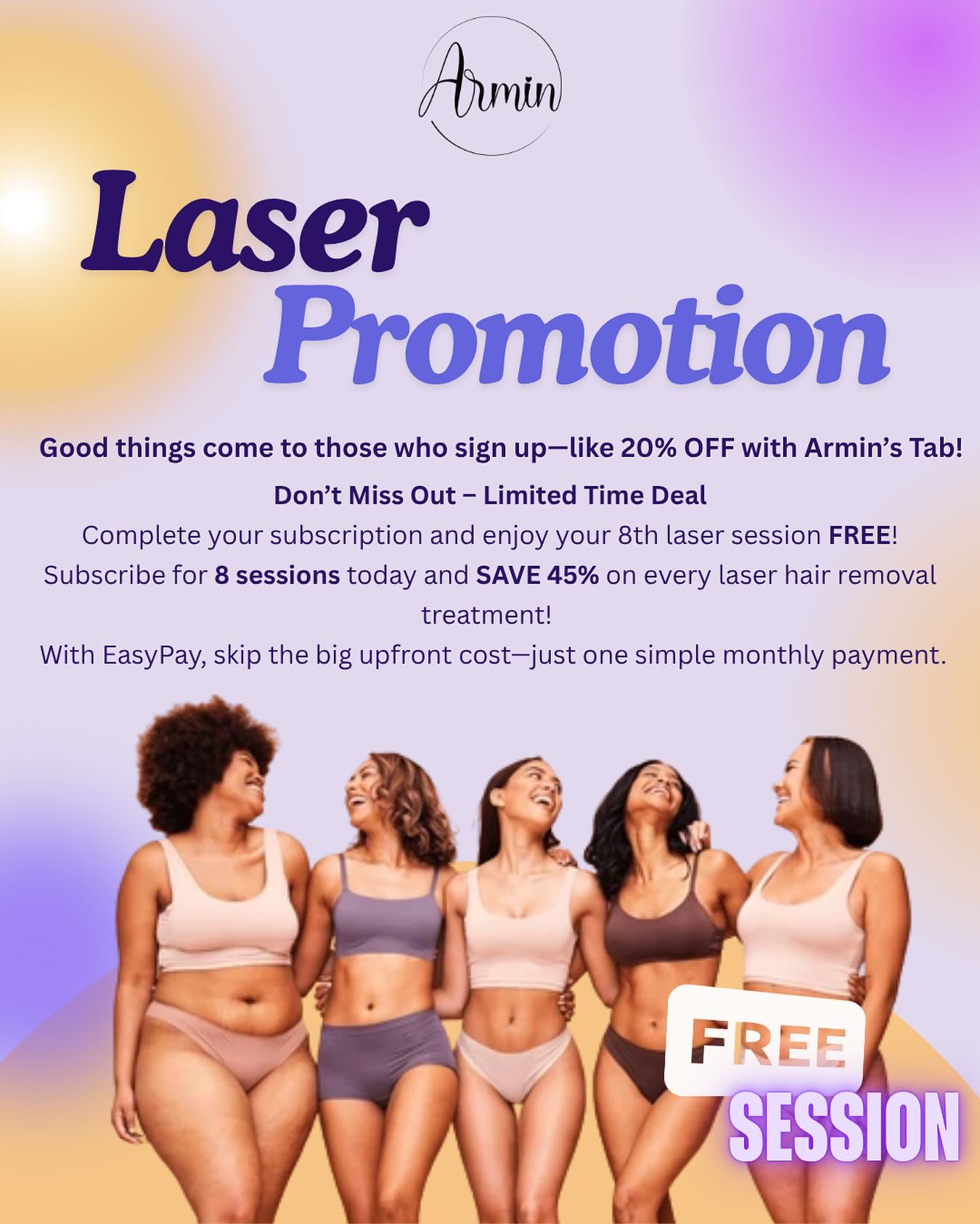 ✨ No More Upfront Payments ✨
Laser Hair Removal just got easier at Armin’s Beauty Affair 🥳
We’re launching Easypay – exclusively for laser hair removal 💎
🔥 October Launch Special:
✅ 45% OFF each session
✅ PLUS an extra 20% OFF for October only!
✅ 1 FREE session (8 for the price of 7!)
✅ No upfront cost – pay monthly
✅ Cancel anytime, no commitment
👉 Example: Chin Laser (Reg. $59.99) → Only $31.19/session this October!
✨ Smooth skin has never been this easy ✨
Limited-time launch – subscribe today!
#LaserHairRemoval #HalifaxBeauty #ArminsBeautyAffair #HalifaxMediSpa