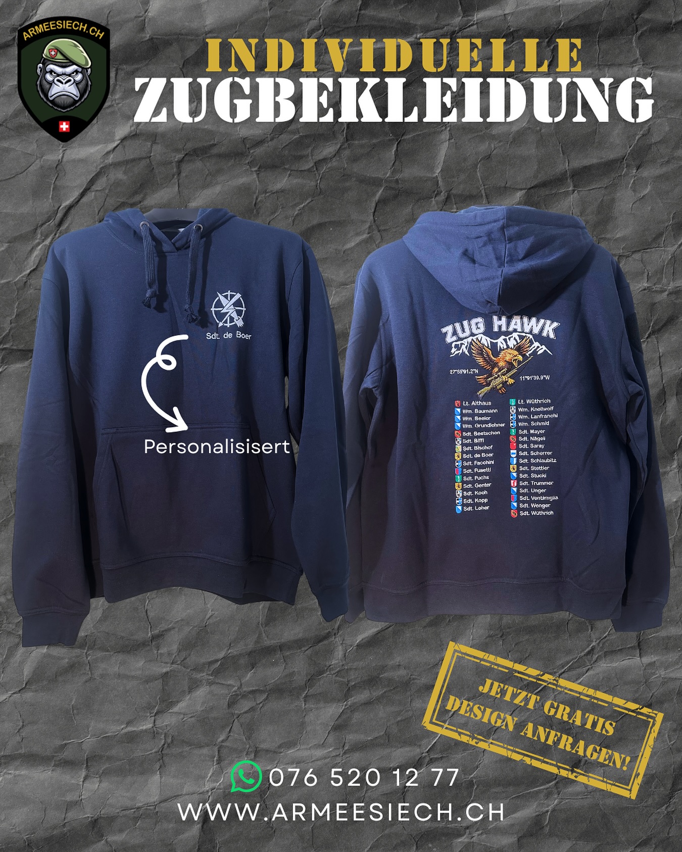 🎯 INDIVIDUELLE ZUGBEKLEIDUNG – 100 % personalisiert für deinen Zug!
Ob Hoodie oder T-Shirt– mit deinem Abzeichen, Namen und Design.
Mach deinen Zug unvergesslich 💪🔥
👕 Personalisierte Zugbekleidung für RS & WK
🎨 Kostenloses Design-Angebot
🇨🇭 Schweizer Qualität von ARMEESIECH.CH
👉 Jetzt gratis Design anfragen und dein Zug-Outfit sichern!
📞 076 520 12 77
🌐 www.armeesiech.ch
#armeesiech #zugbekleidung #rekrutenschule #schweizerarmee #rszeit #wkzeit #militärch #rschweiz #hoodie #militärstyle #swiss