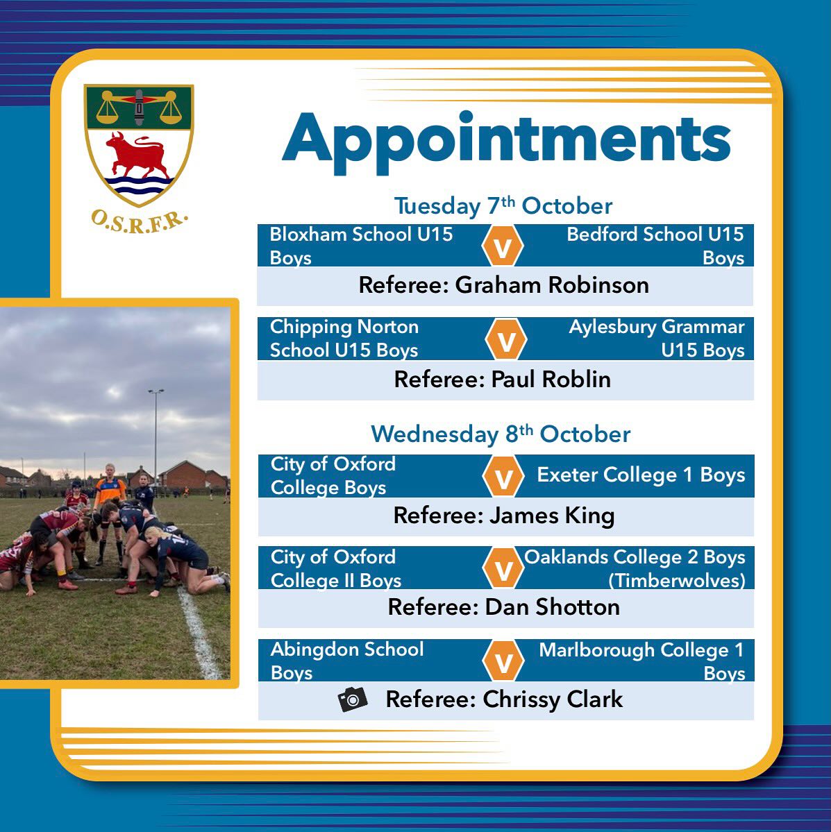 The midweek games continue to be busy for us as we have a couple of Tuesday games as well as the usual Wednesday school games and now that the University is back, we have the odd Thursday night lights game as well.
Go well to all those out there this week - do check back for the weekend appointments.
#keepyourbootson #bepartoftheteam🌹 #whistleblowers #rugbyreferee #refereeappointments #rugbyrefereelife
