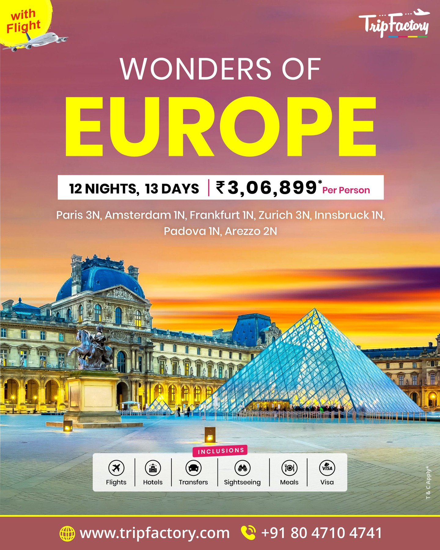 TripFactory Reviews: Reviews, Testimonials, Travelouge of Real Travelers 37 💫 Discover the timeless 𝐖𝐨𝐧𝐝𝐞𝐫𝐬 𝐨𝐟 𝐄𝐮𝐫𝐨𝐩𝐞 with TripFactory!
Experience the charm of PariS, Amsterdam, Frankfurt, Zurich, Innsbruck, Padova & Arezzo — all in one incredible journey!
✈️ 12 Nights | 13 Days
💰 ₹𝟑,𝟎𝟔,𝟖𝟗𝟗/- per person (with flights)
✅ Flights | Hotels | Transfers | Sightseeing | Meals | Visa
📞 Book now: +91 80 4710 4741
🌐 www.tripfactory.com
.
.
.
.
#TripFactory #EuropeTour #WondersOfEurope #TravelGoals #ExploreEurope #LuxuryTravel #TravelWithTripFactory #EuropeTrip #VacationVibes #BucketListTravel