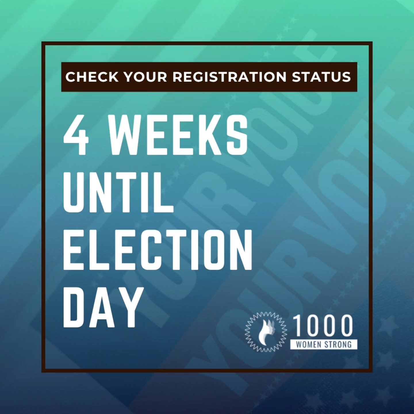 Updated post!
4 weeks until we shift this country towards a new vision.
Yes, it's that deep.
The numbers are growing.
The shells are falling.
We've come too far this year alone to sit out and do nothing.
Check your registration.
Take multiple folk with you on Election Day.
Wake it up and let's keep working.
#1KWS #ElectionSeason #GeneralElection #TakeYourPowerBack #VoteYourConscience #VoteForTheFuture
Image description: "Check Your Registration Status 5 Weeks Until Election Day" on a light brown background over a "Your Voice, Your Vote" sign.
