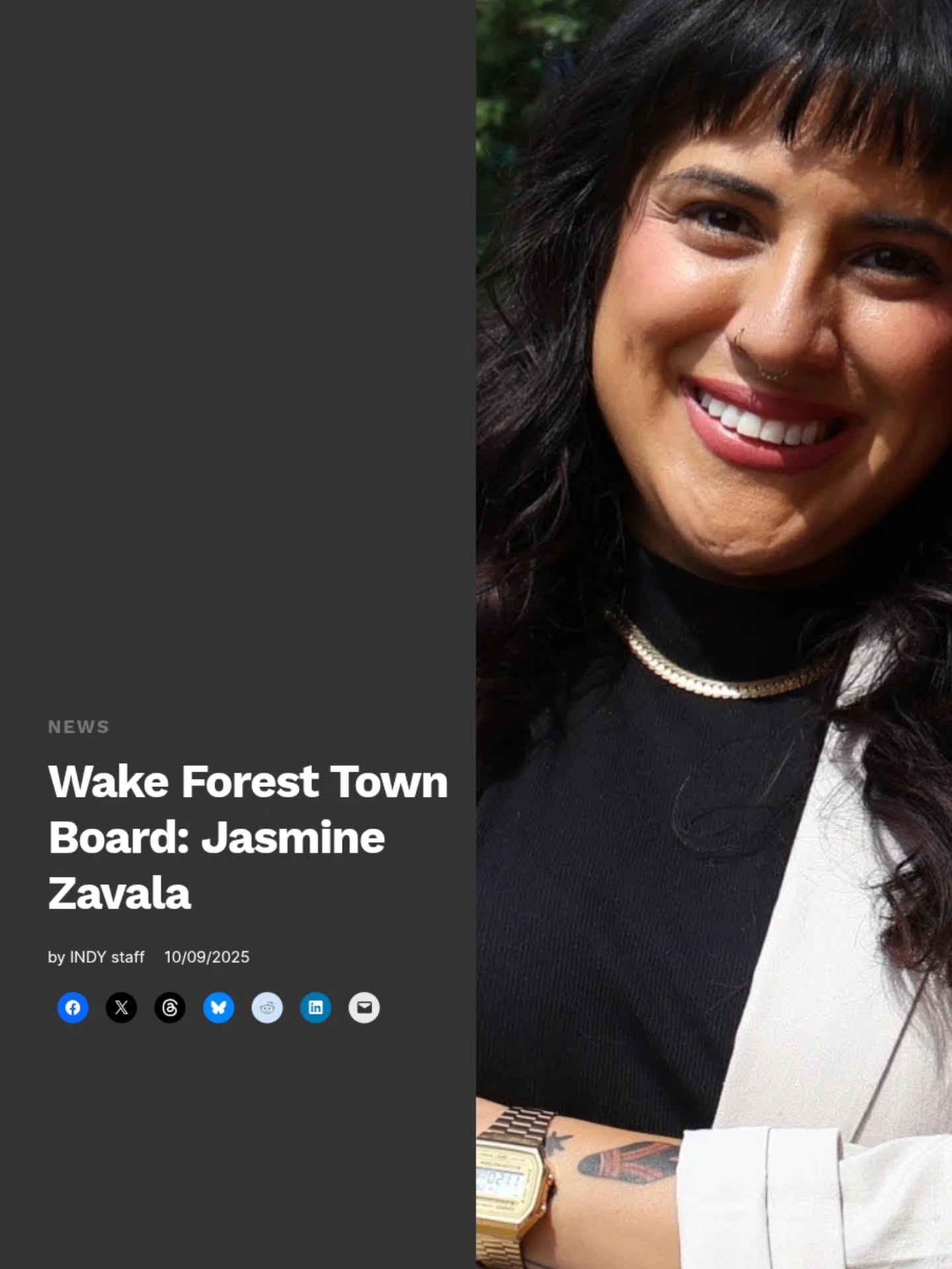 💜 My Indy Week article is out! I’m honored to be featured as the only unaffiliated candidate running for Wake Forest Town Board — a campaign grounded in data, equity, and heart.
Link to the article is in my Bio!
https://indyweek.com/news/wake-forest-town-board-jasmine-zavala/
#vote #wakeforest #unaffiliated #latina #ElectionDay #equity