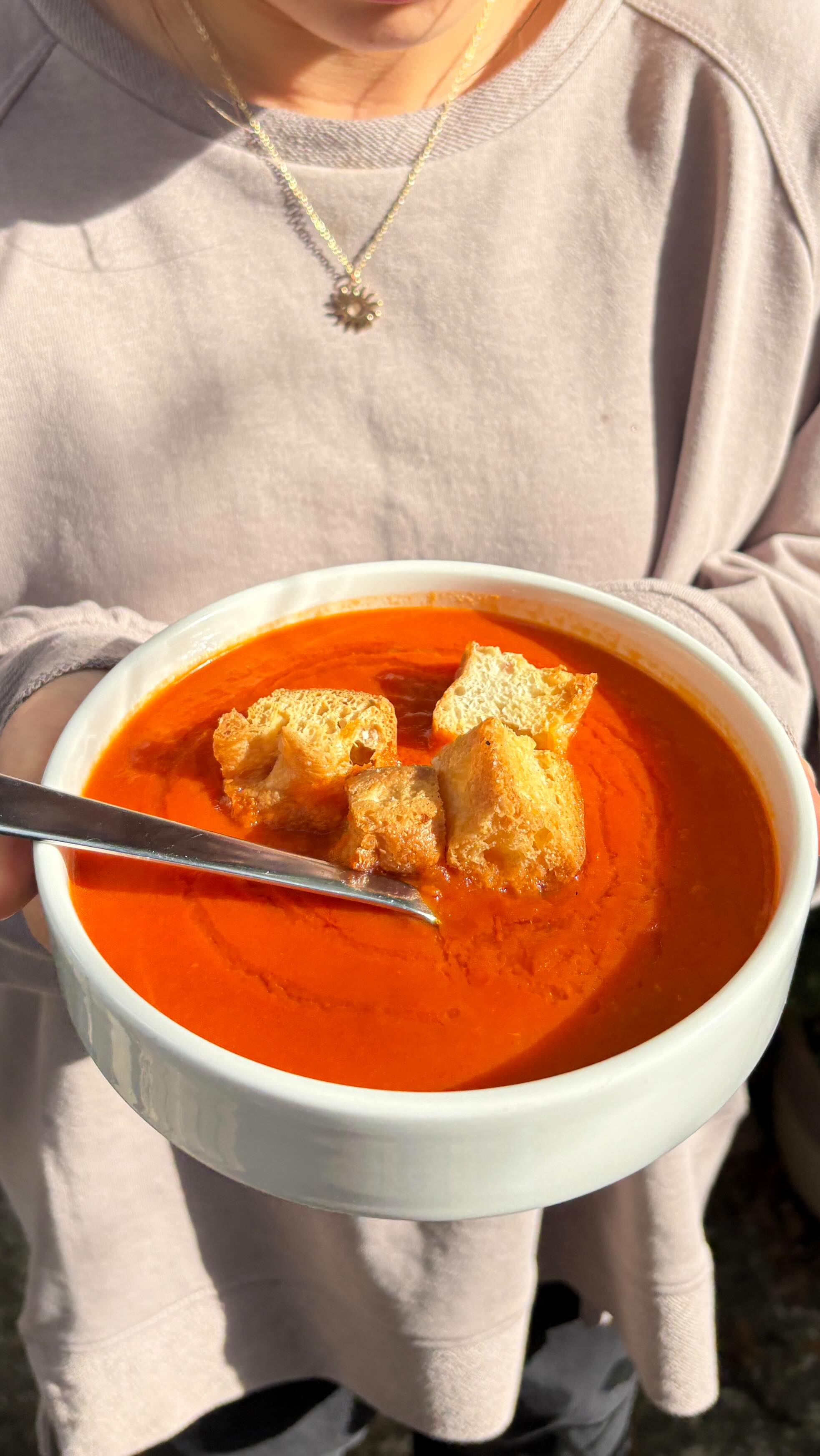 Soups are BACK! Changing every week so make sure to ask what we’ve got on - right now we have roasted red pepper & tomato soup w/ croutons. Delish! Look at her go!