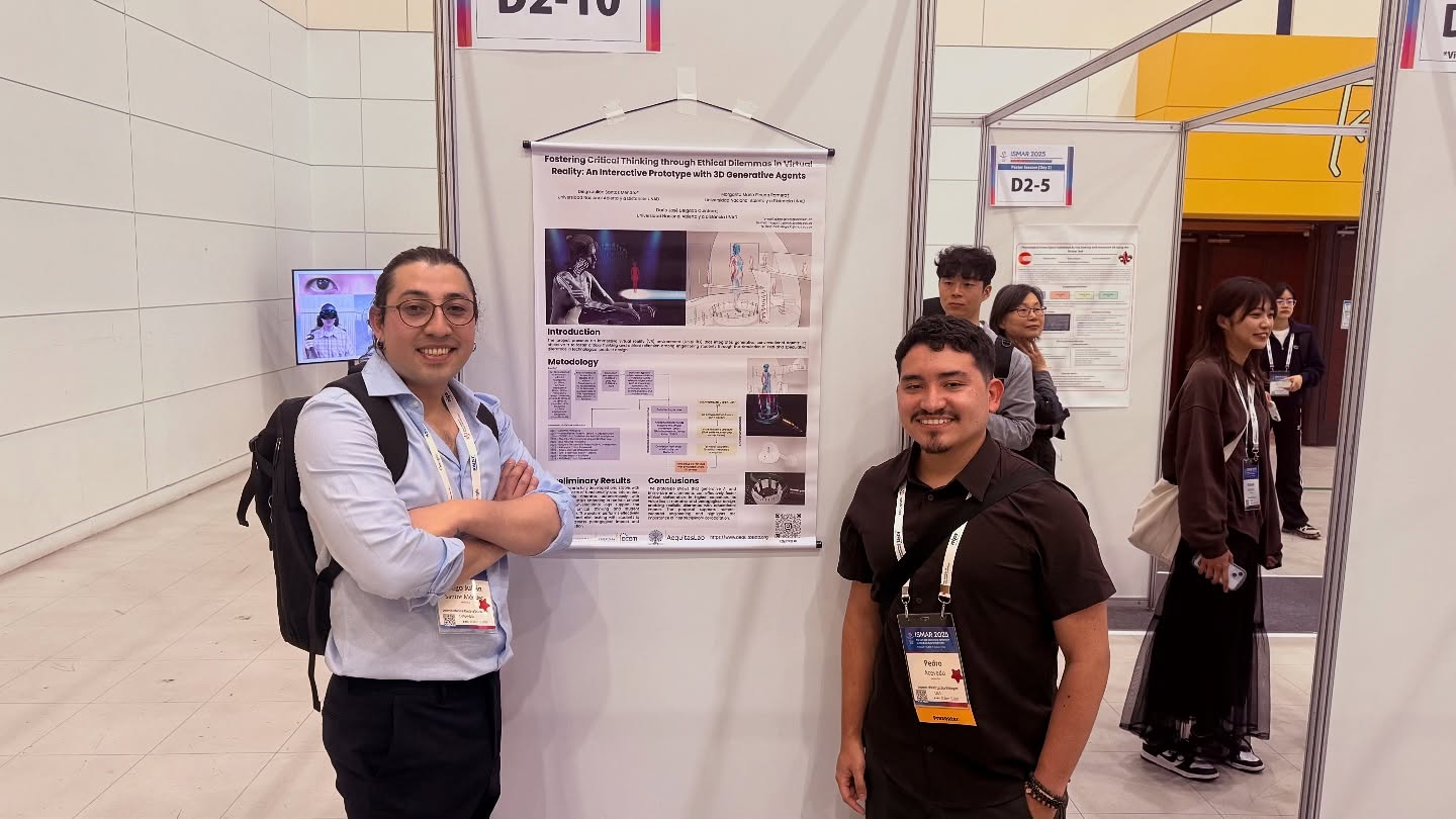 🌍✨ ¡AequitasLab en Corea del Sur! 🇰🇷
👨🏻💻 Diego Julián Santos Méndez
👩🏻🏫 Margarita María Pineda Romero
👨🏻💻 Darío José Delgado Quintero
Investigadores de la UNAD y miembros del grupo AequitasLab, representaron a Colombia en el IEEE ISMAR 2025, una de las conferencias internacionales más destacadas en realidad mixta y aumentada, celebrada en Daejeon, Corea del Sur. 🇰🇷✨
💡 Presentaron el póster “Fostering Critical Thinking through Ethical Dilemmas in Virtual Reality”, una propuesta que combina inteligencia artificial generativa, realidad virtual y ética para promover el pensamiento crítico en la formación en ingeniería.
Agradecemos al Rector Dr. Jaime Leal Afanador, al Decano de la ECBTI Claudio Camilo González, y al Líder Nacional de Investigación Juan Sebastián Chiriví por su respaldo y acompañamiento constante a los procesos investigativos que fortalecen la proyección internacional de la UNAD.
#AequitasLab #UNAD #ISMAR2025 #OrgulloUNADista #InnovaciónEducativa #ÉticaYTecnología #InvestigaciónUNAD #RealidadVirtual #InteligenciaArtificial