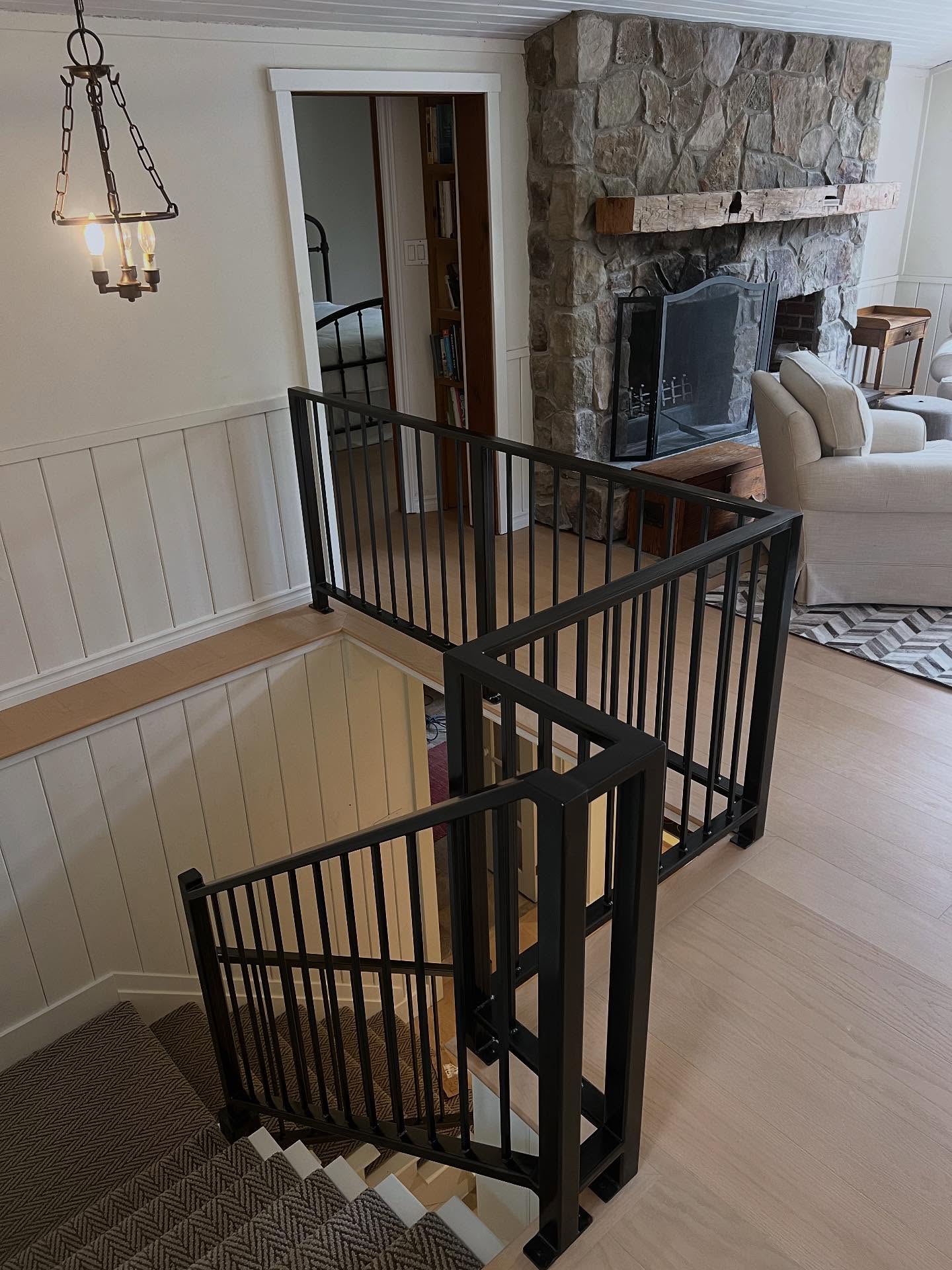 Blackened steel railing for this beautiful ski chalet. We applied a patina and sealed it with a metal wax, for a rustic durable finish.