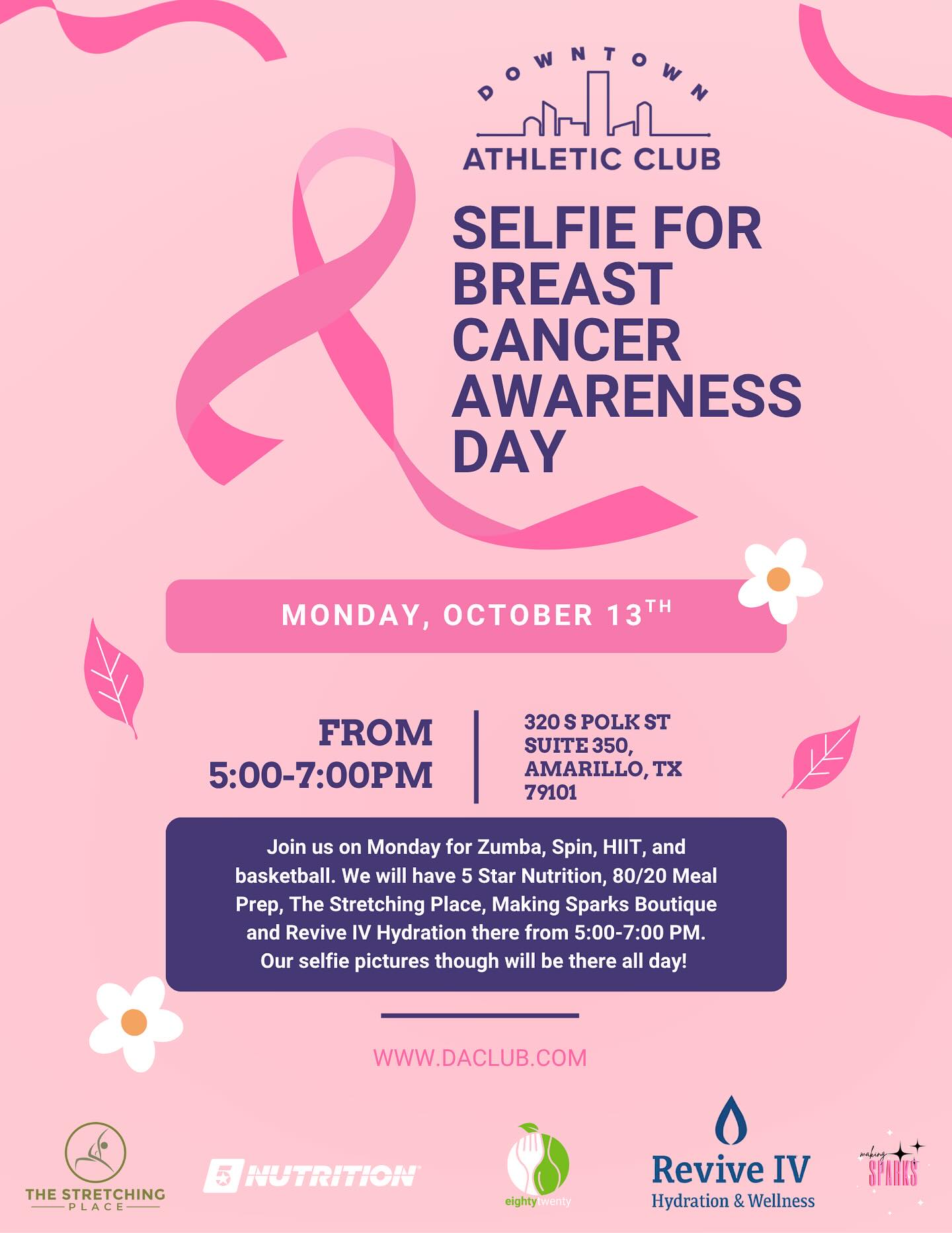 Monday, October 13 is our Breast Cancer Awareness Selfie Day 🎀
We’ll have Zumba, Spin, HIIT, and Basketball throughout the day, plus local vendors from 5–7 PM — including 5 Star Nutrition, 80/20 Meal Prep, The Stretching Place, Making Sparks Boutique, and Revive IV Hydration.
Selfie wall will be up all day! come move and support the fighters and survivors 💗