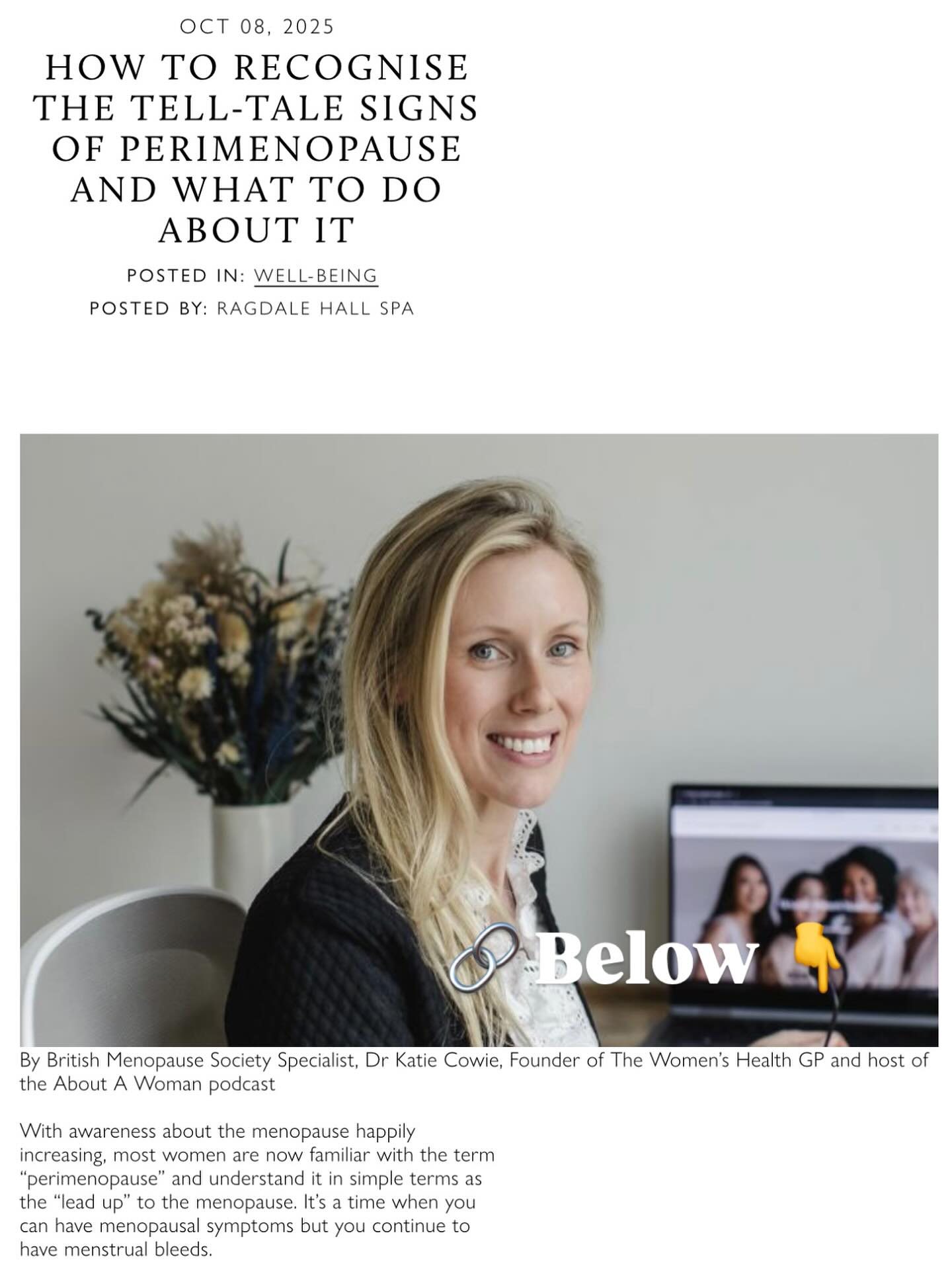 For those interested to understand more about what’s actually happening to the body during perimenopause, see my contribution to the Ragdale Hall blog- full article below:
https://www.ragdalehall.co.uk/how-to-recognise-the-tell-tale-signs-of-perimenopause-and-what-to-do-about-it/
LINK IN BIO
✨