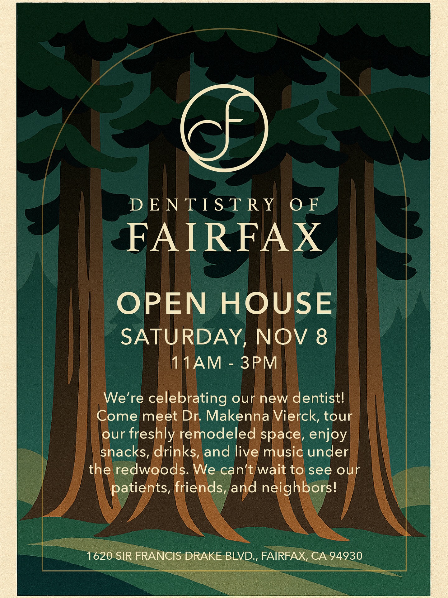 We’re throwing a party! Join us for our Open House on Saturday, November 8th. Meet the new dentist, see our newly-remodeled office, and have a beverage under the redwood trees. Hope to see you there!
#fairfax #marin #marincounty