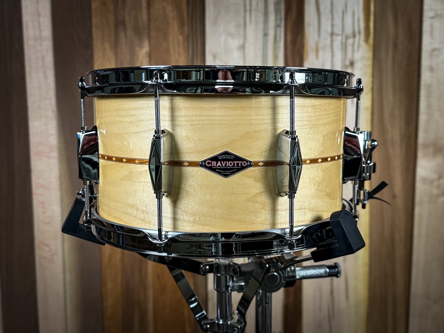 Looking for a little more pop and attack? Look no further. Custom Shop 7x13 Maple with Cherry inlay, baseball edges, and finished in satin oil. Has best of both worlds, warm and high end attack.