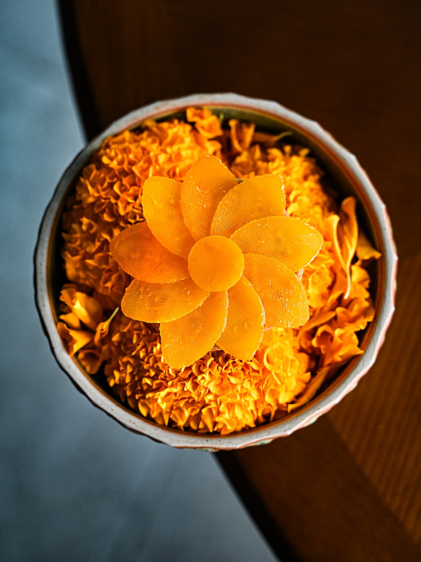 Yellow Beetroot · Smoked Char · Cod Roe
A dialogue between land and sea — where the gentle sweetness of yellow beetroot meets the smokiness of char and the delicate salinity of cod roe.
A composition of textures and colors, inspired by the golden light of Phuket’s sunsets.
#LaromeByTheSea #FineDiningPhuket #ContemporaryCuisine #LaromeGroup #MichelinGuideThailand #YellowBeetroot #SmokedChar #CodRoe #GastronomyArt