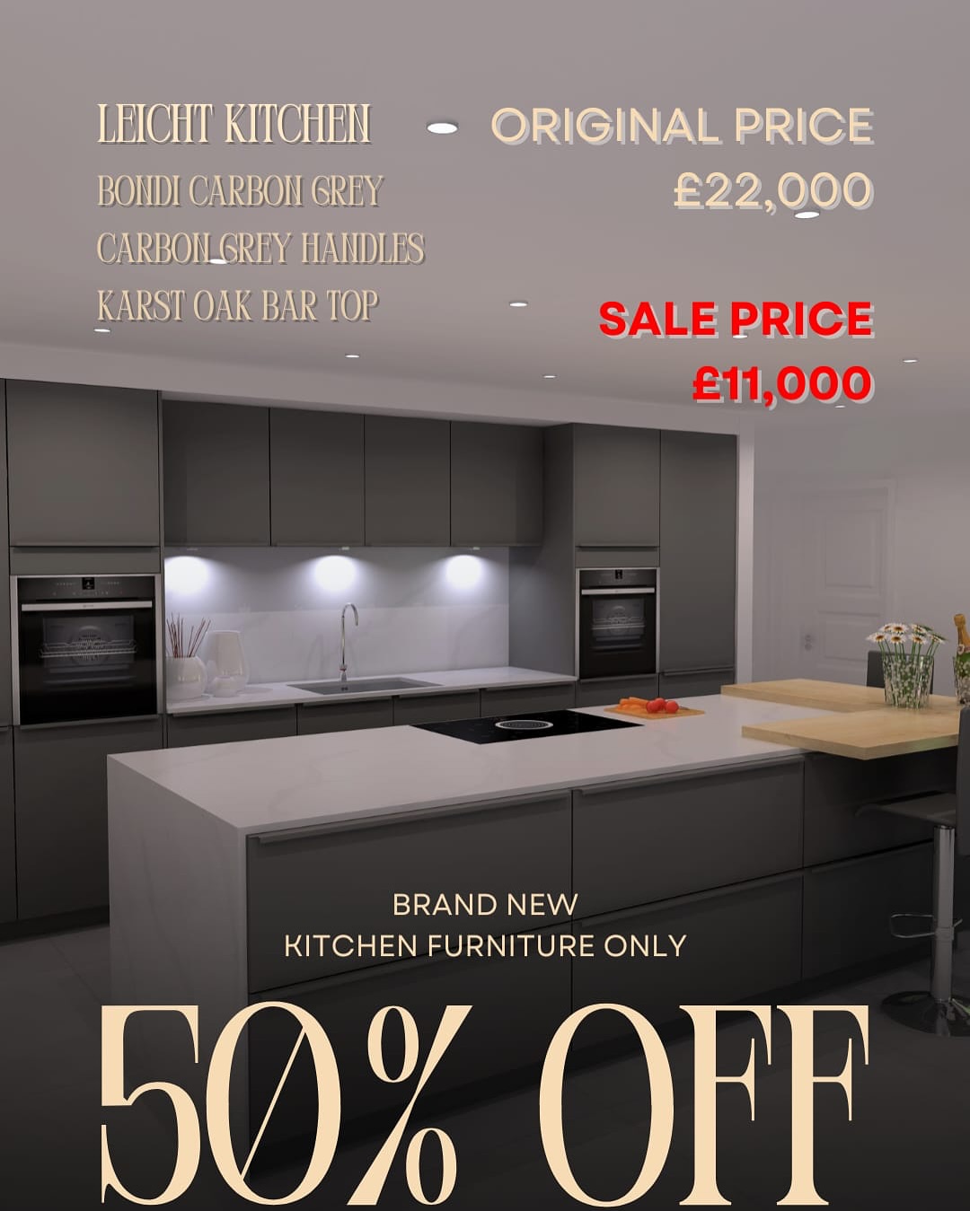Brand new Leicht kitchen furniture for sale! 🎉
⚠️ Please note: Some units have minor water damage. Replacement parts can be provided at an additional cost.
Still in the original packaging, never used or installed.
Featuring Bondi Carbon Grey doors with matching handles, paired with a stunning Karst Oak Bar Top — a perfect blend of modern elegance and warm texture.
💰 50% OFF — originally £22,000, now only £11,000!
📩 DM us for more information!
#sale #exdisplay #kitchen