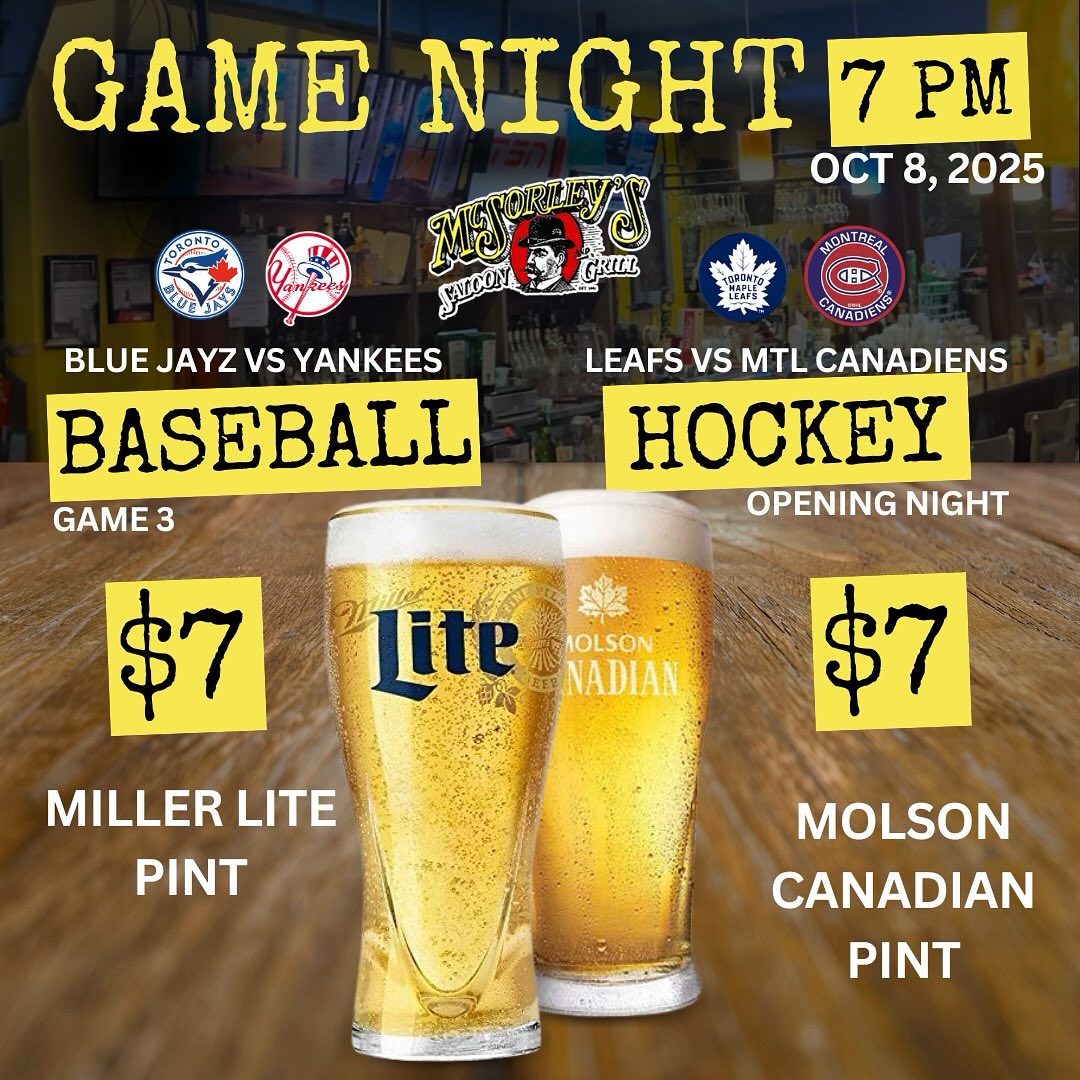 Jays vs Yankees game 3/ leafs opening the season vs habs/ deals on draft beer/ baseball jerseys giveaway all starting tonight at 7pm sharp! Donβt forget to reserve your table. Cheers!