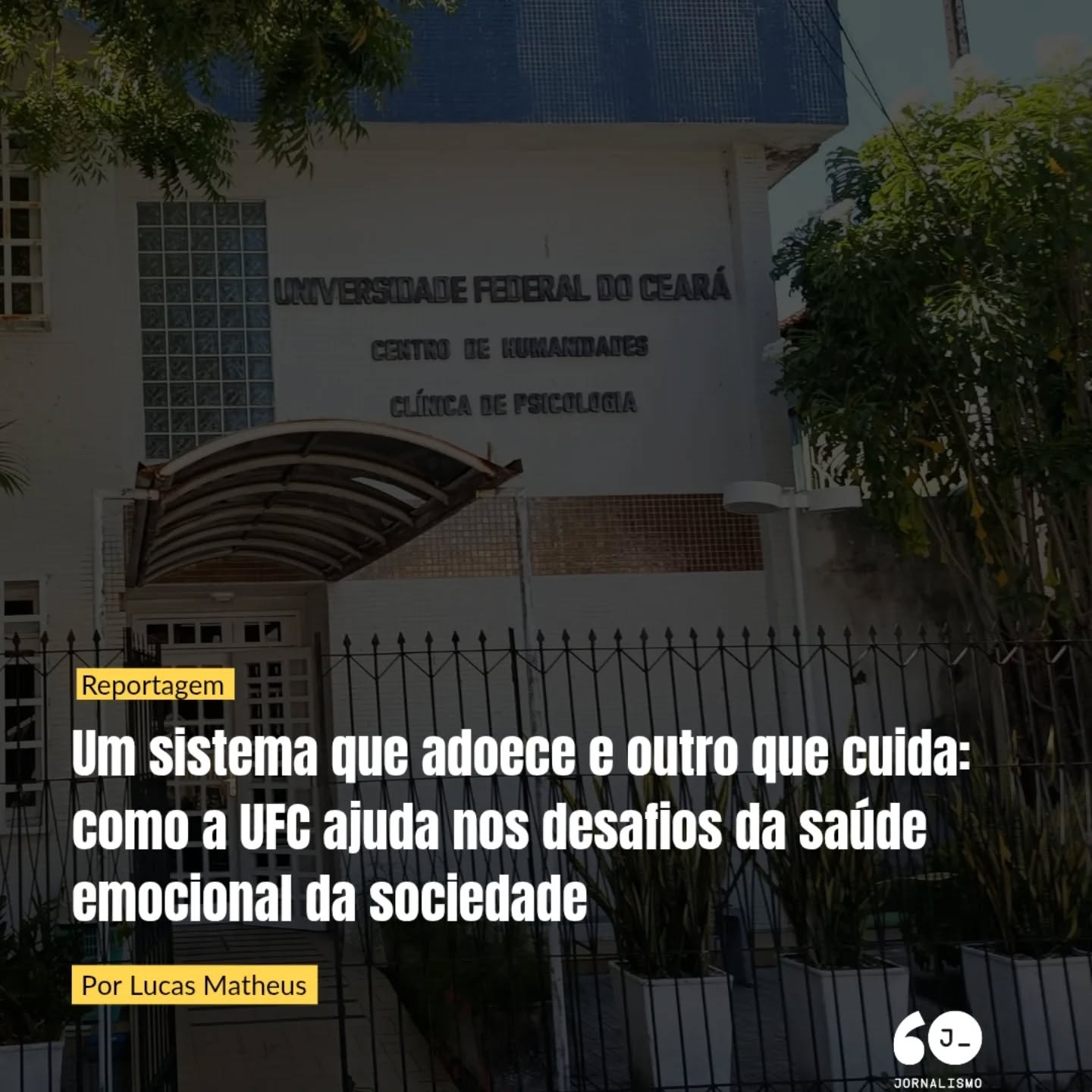 Redes sociais que incentivam o consumismo, escala de trabalho 6x1, inlfuencers pregando um lifestyle com sua rotina de skincare com link e cupom de desconto, o autossacrifício em busca de uma vida melhor. Como cuidar de si em ambientes que adoecem?
Nessa reportagem feita por Lucas Matheus, orientado por Naiana Rodrigues, os desafios para alcançar e manter a saúde mental são explorados, além de ser explicado como a UFC ajuda no processo de cura.
A reportagem está disponível no site do curso. Link na bio!