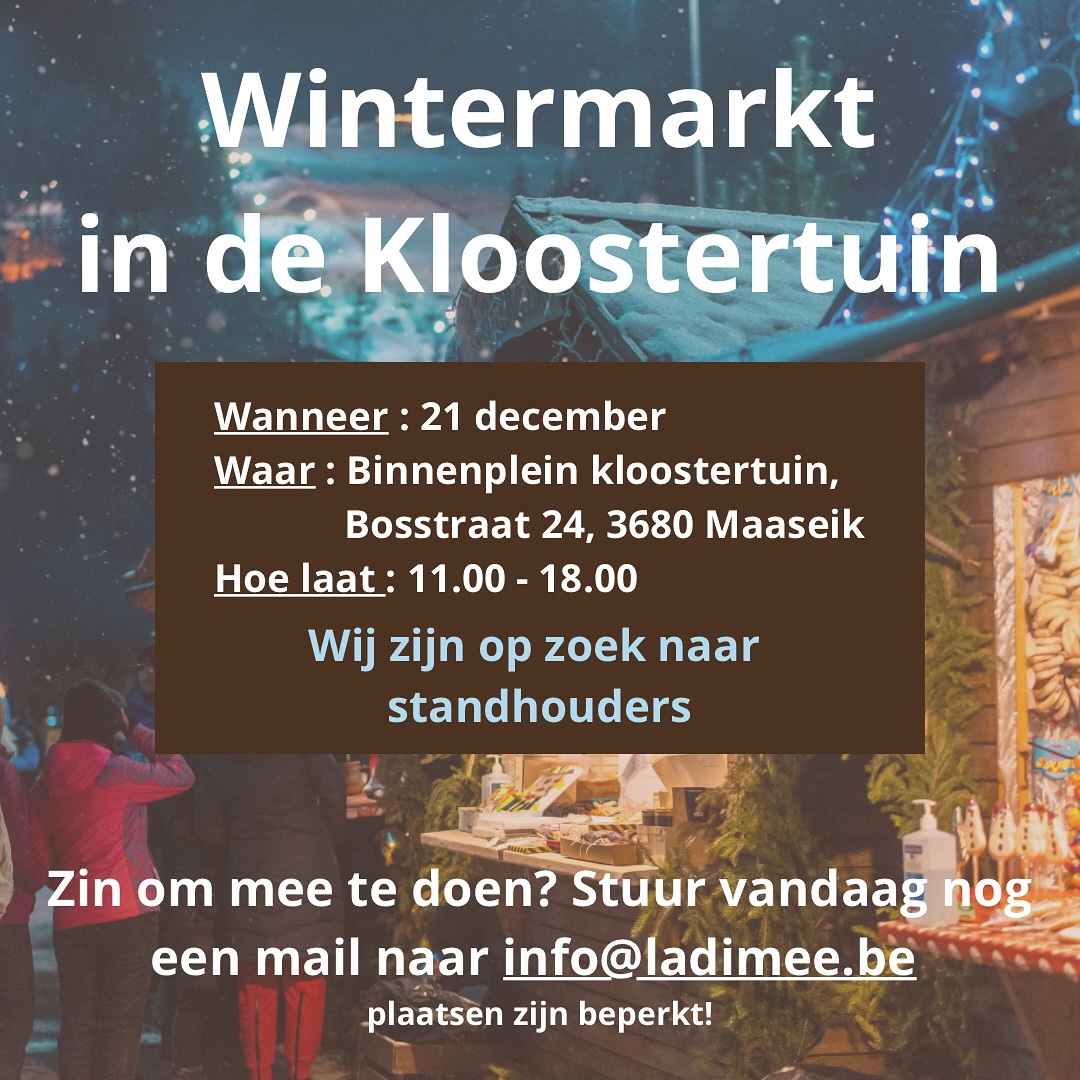 Wij zijn op zoek naar enthousiaste standhouders voor onze gezellige wintermarkt! 🎄
Heb jij zin om erbij te zijn? Stuur dan een mailtje naar info@ladimee.be.
Samen maken we er een sfeervol en warm wintermoment van! ✨
#wintermarkt #Maaseik #Kloostertuin #kerstsfeer #gezelligsamen #lokalemakers #wintersfeer #lokaalevenement #ladimee #feestdagen