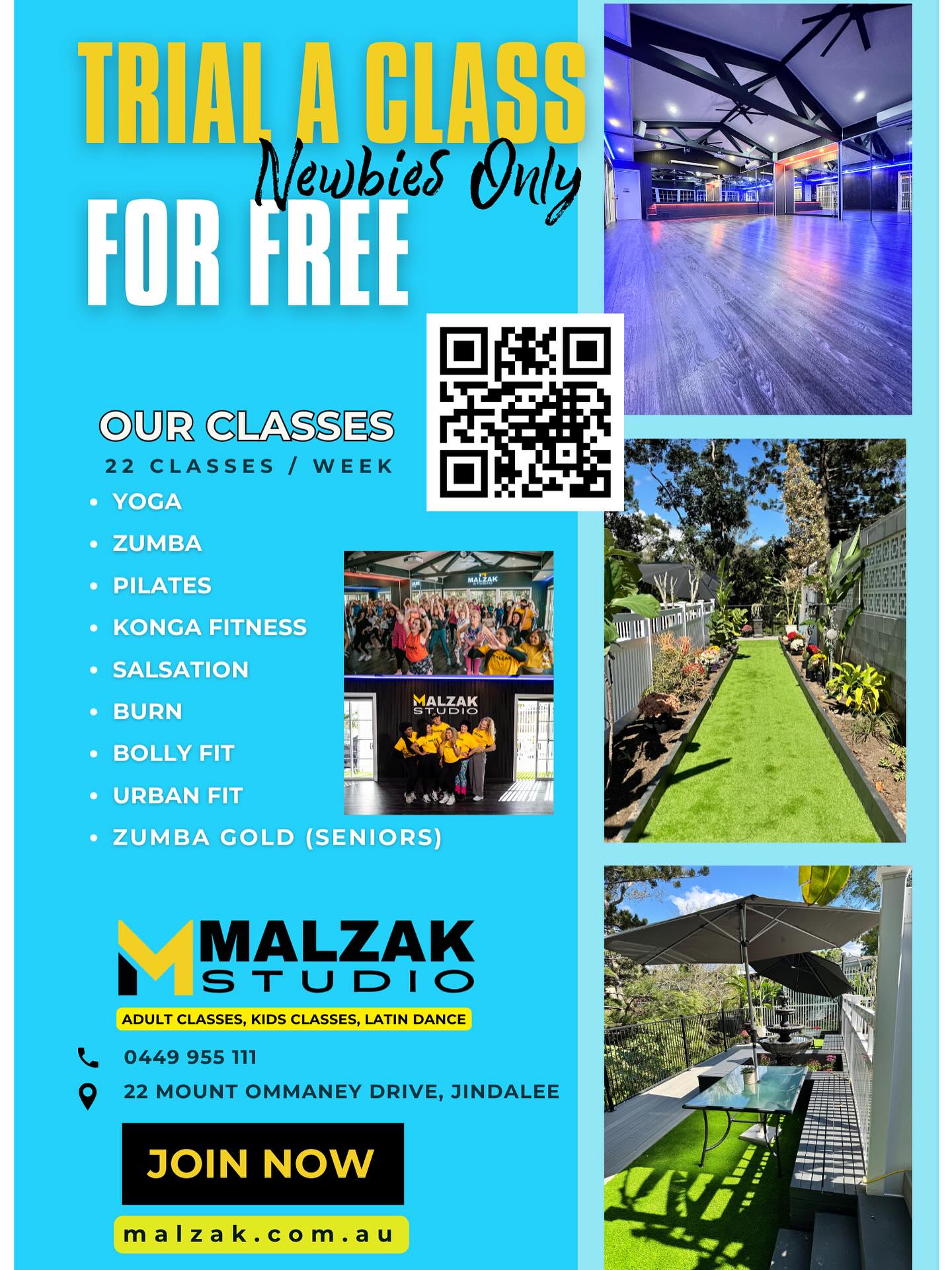 NEWBIES! Try any class for FREE at Malzak Studio 🙌🏼
You have 22 weekly classes to choose from — Zumba, Yoga, Pilates, Konga, Bolly Fit & more — there’s a class for every mood, every level and every body!
📍Jindalee, Brisbane
💻 malzak.com.au
✨ Limited time only — book now!
#trialaclass #freeclass #brisbane #jindalee #malzakfitness #zumbafitness® #salsationisnow #yoga #pilates #dancestudiobrisbane #fitnessstudiobrisbane #everystory #everybody