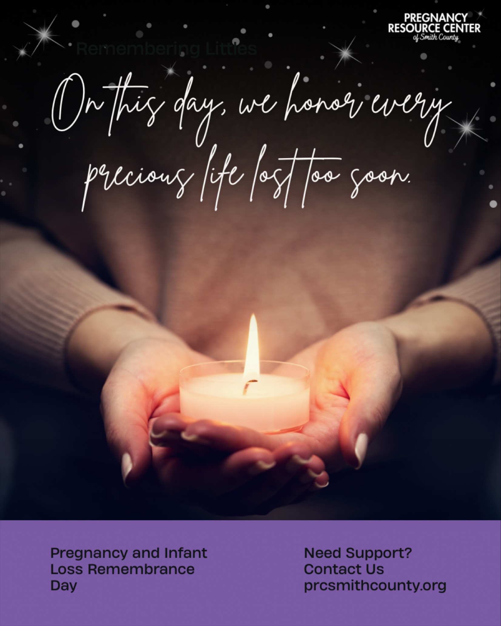 October15th is pregnancy and infant loss remembrance day.
If you or someone you know needs support through their loss reach out to us. We are here for you 💜
Call 615-281-8054
Or visit prcsmithcounty.org
Text with one of our nurses anytime at 629-500-8260
#pregnancyandinfantlossrememberanceday #pregnancyandinfantlossawarenessmonth