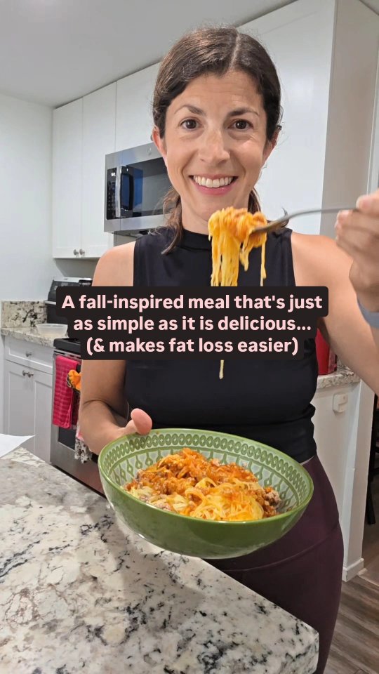Full recipe details here👇
225g spaghetti squash, cooked
125g Trader Joe's autumnal harvest sauce
106g 93% lean ground turkey, cooked
30g protein, 27g C, 17g F, 375 calories
High volume recipes like this are my go to when in a fat loss phase because I can eat satisfying portions which makes it so much easier to stay within my calorie goals.
Note: Pasta is not off limits because with macros every food fits but making swaps such as spaghetti squash allows you to eat more food for less calories to keep you full which makes fat loss so much easier.
Try it this fall & let me know what you think!
#fatlossover35 #fatlossrecipe #quickandeasyhealthymeals #nutritioncoachforwomen #macrofriendlymealideas