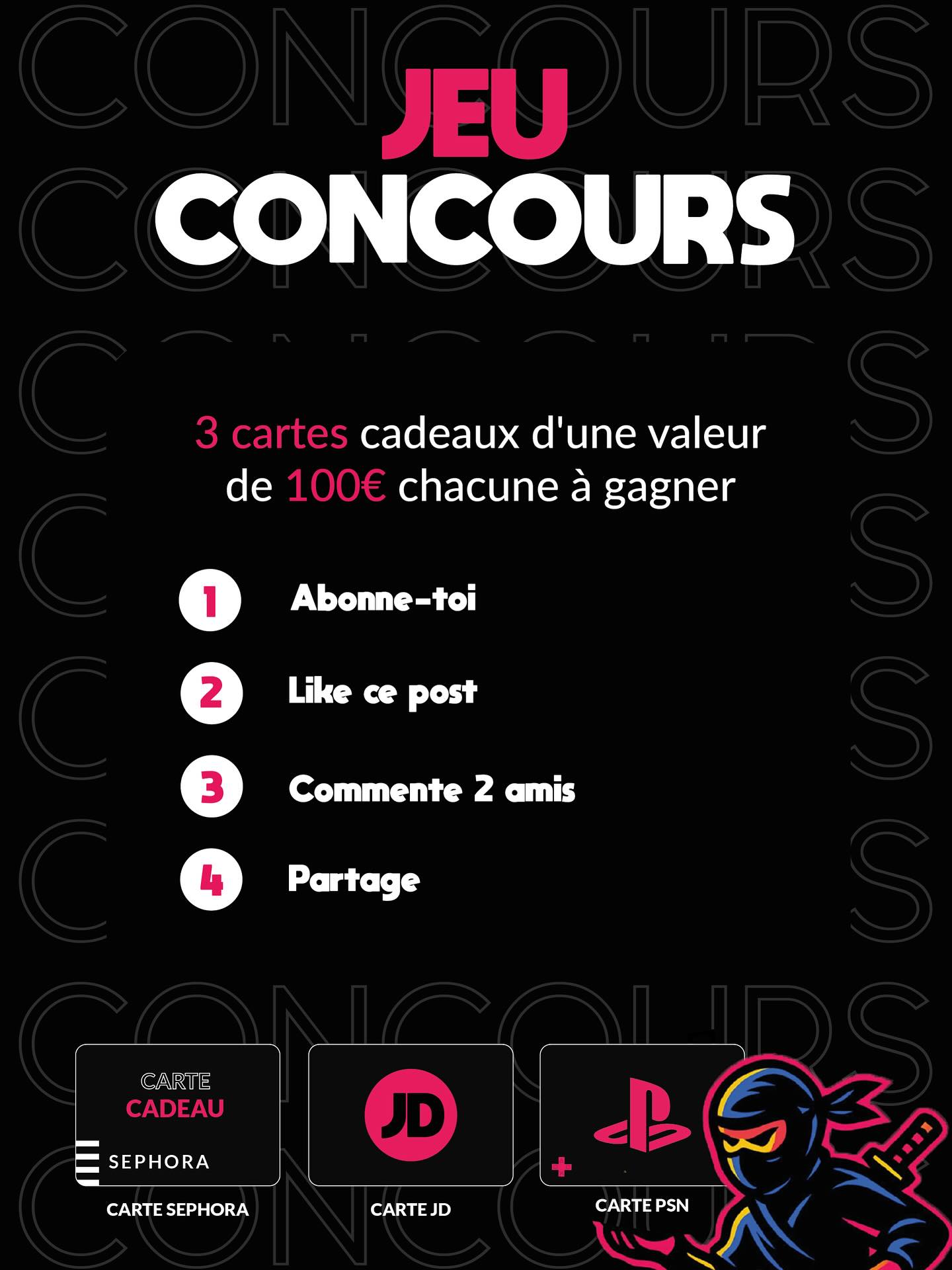Le deuxième jeu concours est arrivé chez Tasty Ninja ! 🥷
Trois tirages au sort auront lieu, et trois personnes remporteront chacune une carte cadeau : Sephora, JD Sports ou PSN, d’une valeur de 100 €.
Abonne-toi
Like le post
Commente deux amis
Et partage
#concours #jeu #tasty #ninja #essonne #91 #poulet #fastfoods #insta #instafood