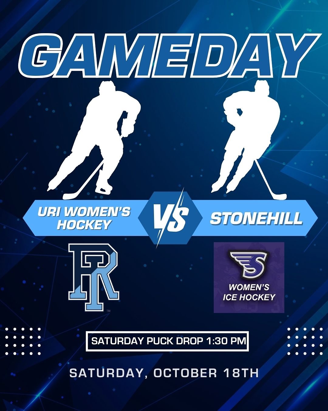 Starting the weekend off with URI Women’s Hockey vs @stonehillwih Home Opener! Here is everything you’ll need to know before the games. Puck drop is at 1:30 on Saturday. No outside food or beverage & no re-entry! See you there Rams! 🐏🥅