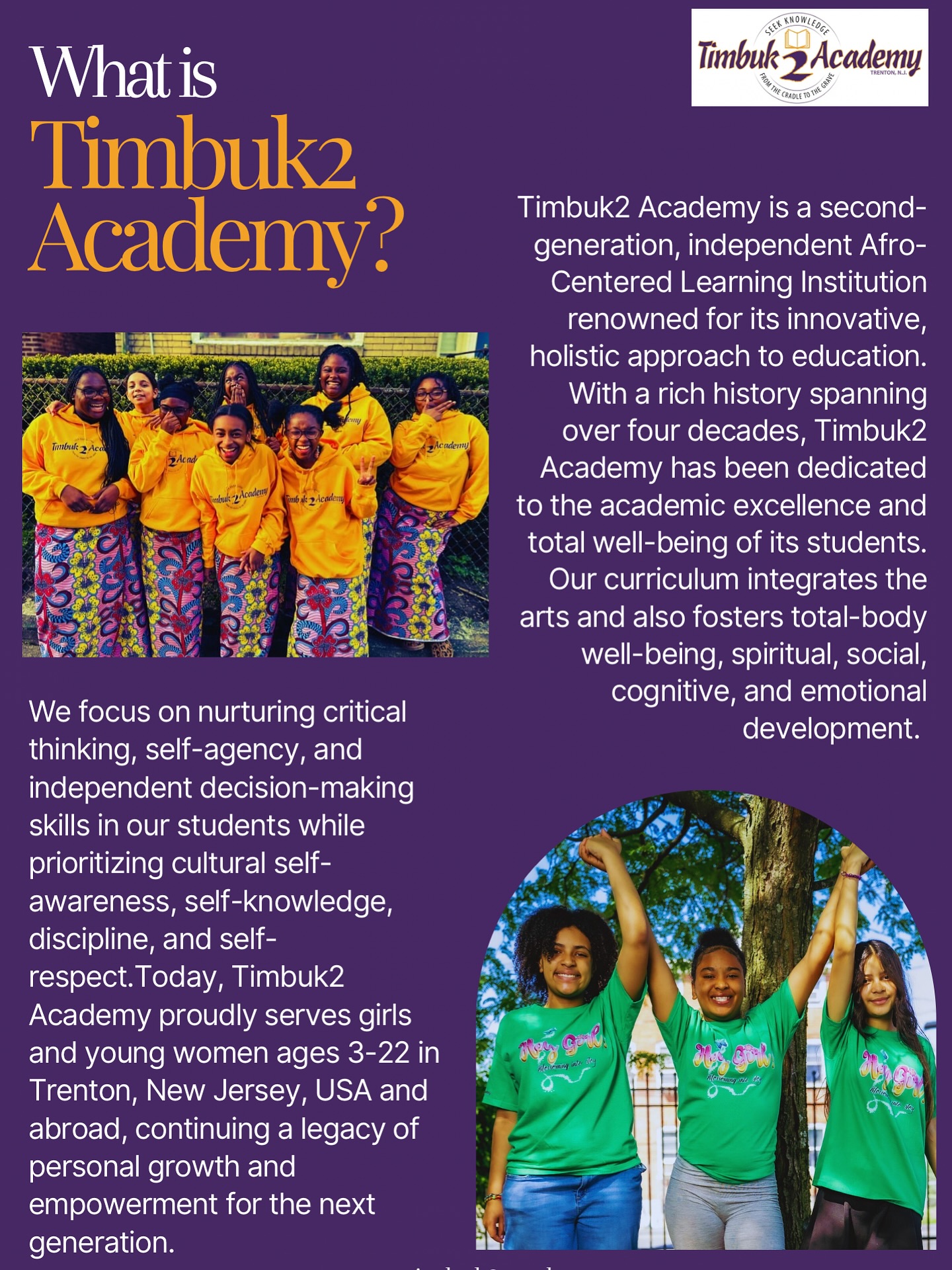 Timbuk2 Academy is a living theory of change in motion. We are redefining what education can look like when designed through care, culture, and accountability. Our innovation lies not in what we add to existing systems, but in what we remove: fear, fragmentation, and the belief that brilliance has limits.
“Seek knowledge from the cradle to the grave. Established 1982.”
#Timbuk2TaughtMe #Timbuk2Academy #GirlsOfTheDiaspora #WeAreOne #BloomAndThrive #education #FlourishInFreedom #royalty 💜💛