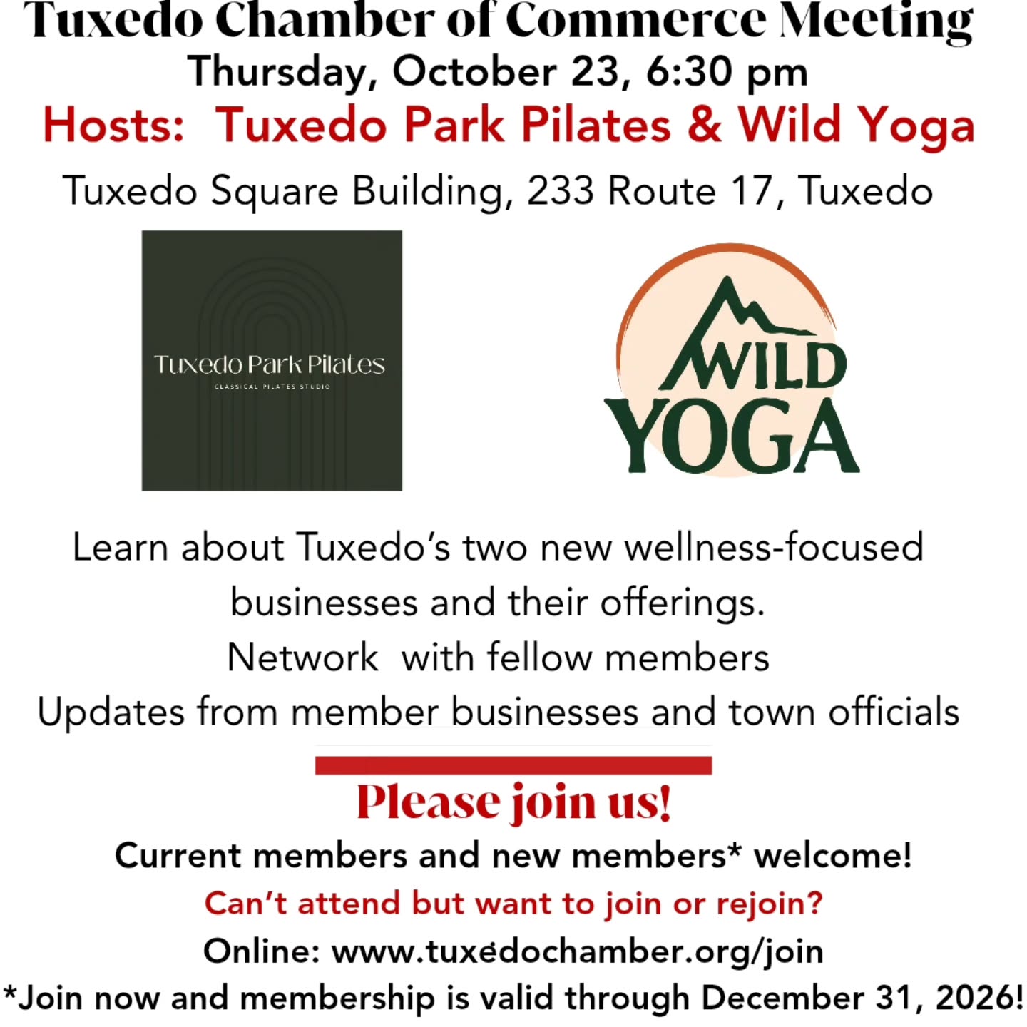 Next membership.meeting and network event of the Tuxedo Chamber of Commerce is on October.23rd, hosted by two of Tuxedo's newest businesses, Wild Yoga LLC and Tuxedo Pilates! Want to join or re-join the Chamber? All memberships received prior to the meeting will be credited for the balance of 2025 and all of 2026! Just $99 per year. Join on our website.