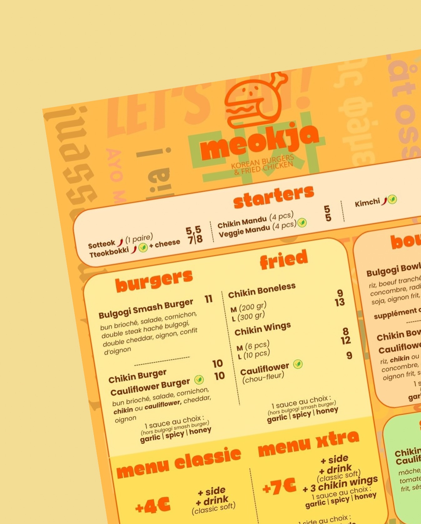 En avant-première voici le menu qui sera proposé chez MEOKJA… 🍗🍔
👉 Pour découvrir chaque détail et commencer à choisir ton futur plat préféré, rendez-vous dans nos stories (et bientôt en story à la une) 👀
Prêt(e) à crier MEOKJA avec nous ? 🔥
#restaurant #paris #foodinparis #streetfoodinparis #parisfoodie #smashburger #bulgogi #kimchi #streetfood #koreanchicken #koreanfoods #pouletfrit #meokja #letseat #letsmeokja #bulgogiburger