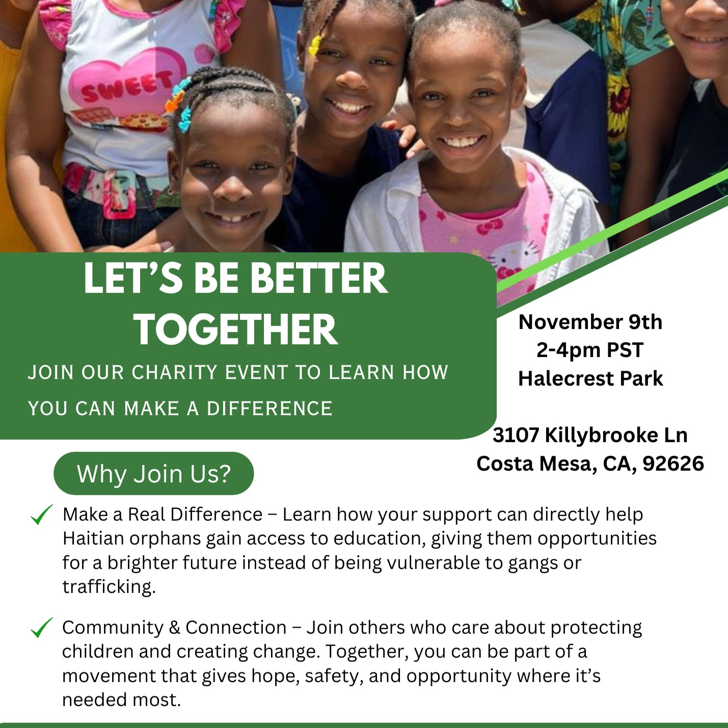 🌟 You’re Invited! Join us for an afternoon of joy, impact, and togetherness at our first ever We are Better Together Event!
🧃 Enjoy snacks, a bounce house, and fun for all ages — plus a short presentation on how your generosity is transforming lives in Haiti.