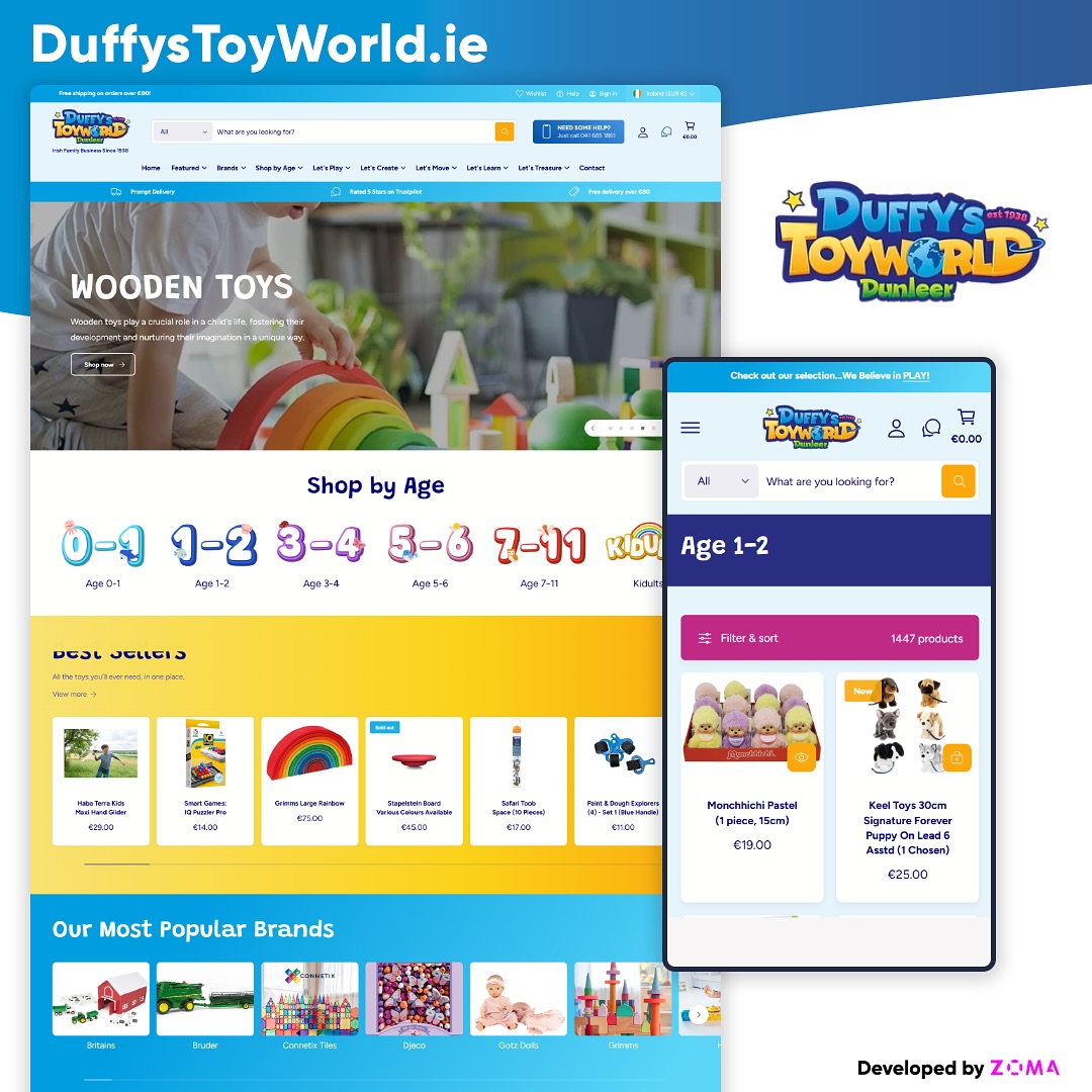 🚀🧸 We are delighted to have recently launched the brand-new website we designed and developed for Duffy’s Toyworld!
While a visit to the physical shop is always a treat, we partnered with Duffy’s Toyworld to create an online experience that is just as magical. We built a fast, fun, and user-friendly site that is a true digital treasure trove, allowing you to easily browse their incredible range of fun and educational toys.
As Ireland’s Leading Independent Toy Store, Duffy’s now has a powerful online platform that matches the quality and excitement of their physical store.
🔗 Visit the new website: www.duffystoyworld.ie
