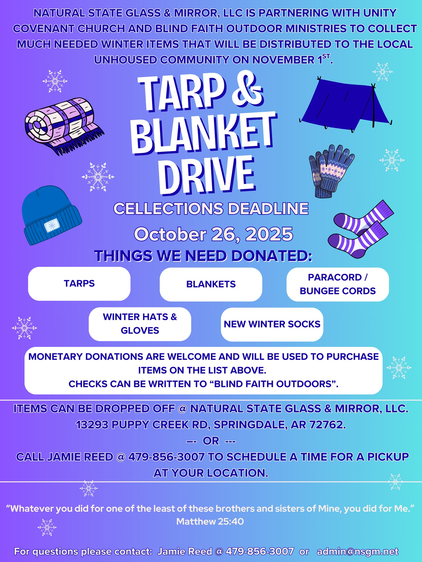 We are excited to partner with @unity_covenant_church and @blindfaithoutdoors for this upcoming event!!
Do you want to help out?? We are accepting donations at our location until October 26th. Bring any of the items listed or a monetary donation that will be used to purchase items from the list to: 13293 Puppy Creek Rd, Springdale, AR 72762.
We look forward to joining together with you to help out our local community!
“Two people are better off than one, for they can help each other succeed.”
Ecclesiastes 4:9 NLT