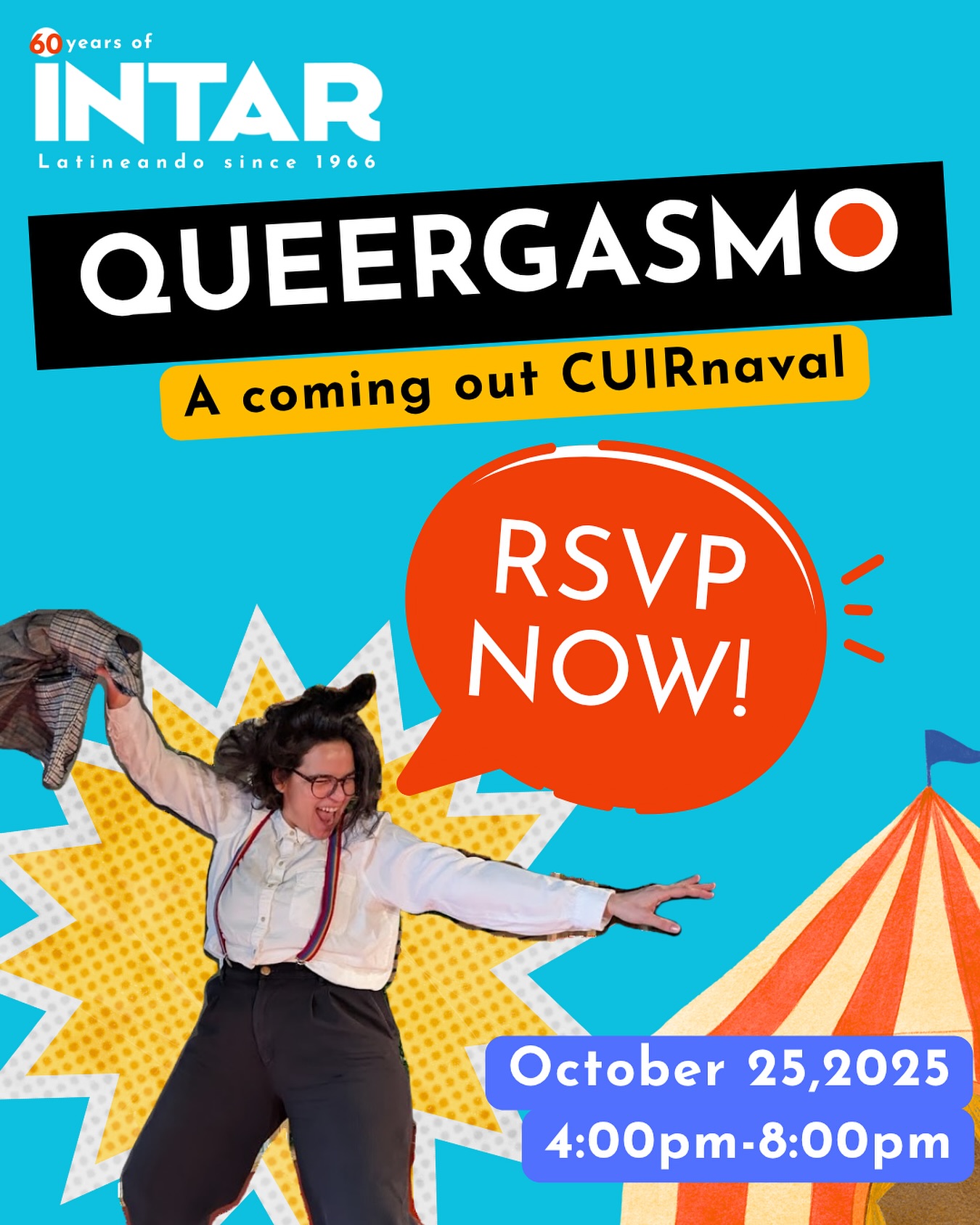 Reminder: QUEERGASMO A Coming Out CUIRnaval 🏳️🌈🎉
Celebrate National (belated) Coming Out Day at INTAR with queer Latine performances, carnival games with a twist, raffles, refreshments, and more.
Free event but bring cash if you want to participate in raffles or purchase refreshments.
RSVP NOW! link in bio.
📅 October 25, 2025
⏰ Doors 4 PM | Performances 6 to 8 PM
📍 INTAR Theatre 500 West 52nd Street New York NY 10019