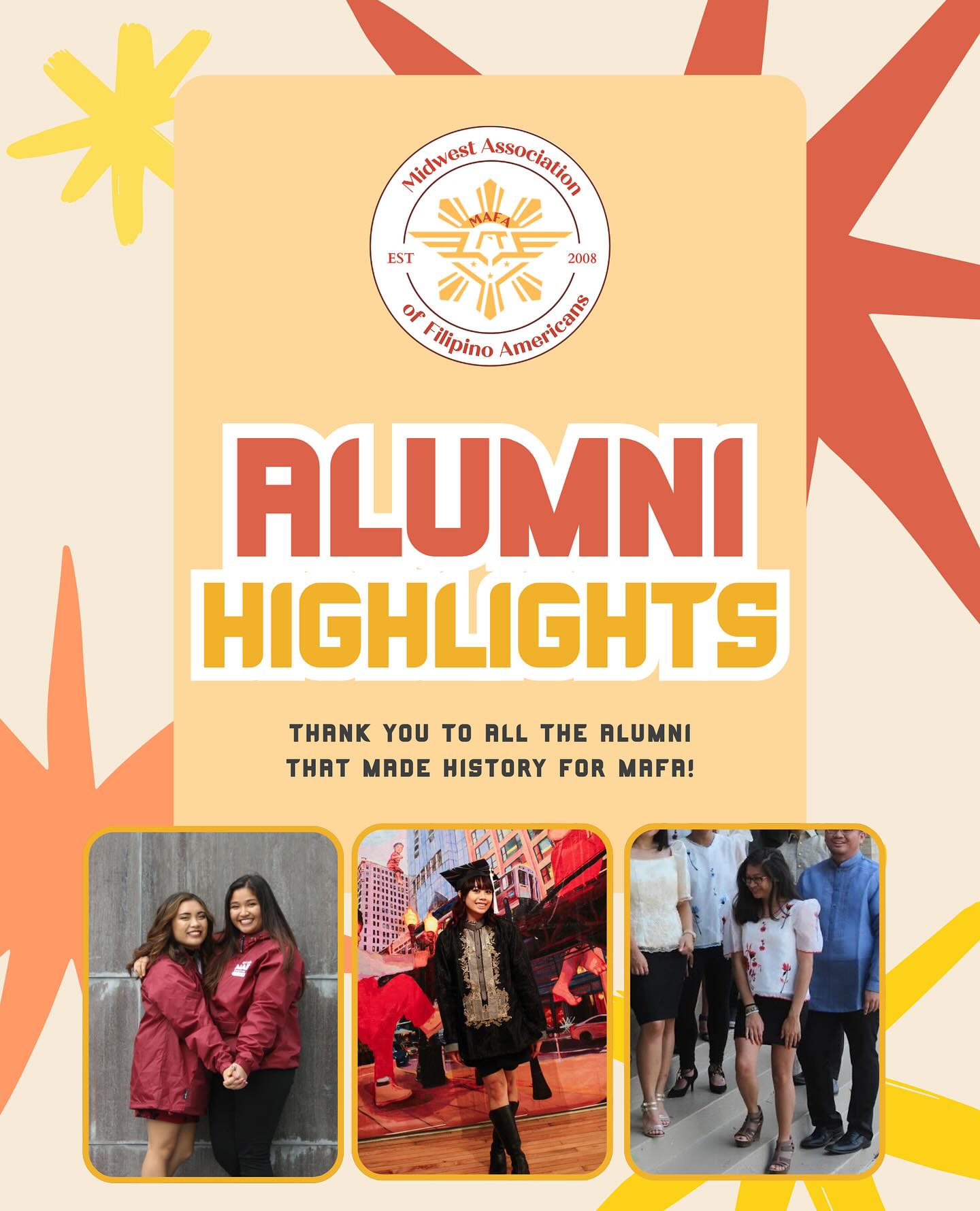 We’re celebrating Filipino American History Month by honoring the inspiring alumni who helped shape MAFA into what it is today! ⭐️
These former Eboard members once walked the same campus halls and now continue to lead, create, and represent in their professional lives.
Each week, we’ll spotlight their journeys, recognizing their impact, celebrating their legacy, and sharing their stories to inspire and empower current and future Fil-Am students.
In this week edition, meet Mary Giselle Herran, Abby Mendoza, and Aimee Lava!
Let’s honor their legacy and continue building the future they helped shape! ❤️🇵🇭
#filipino #pinoy #MAFA #FAHM #FilipinoAmericanHistoryMonth