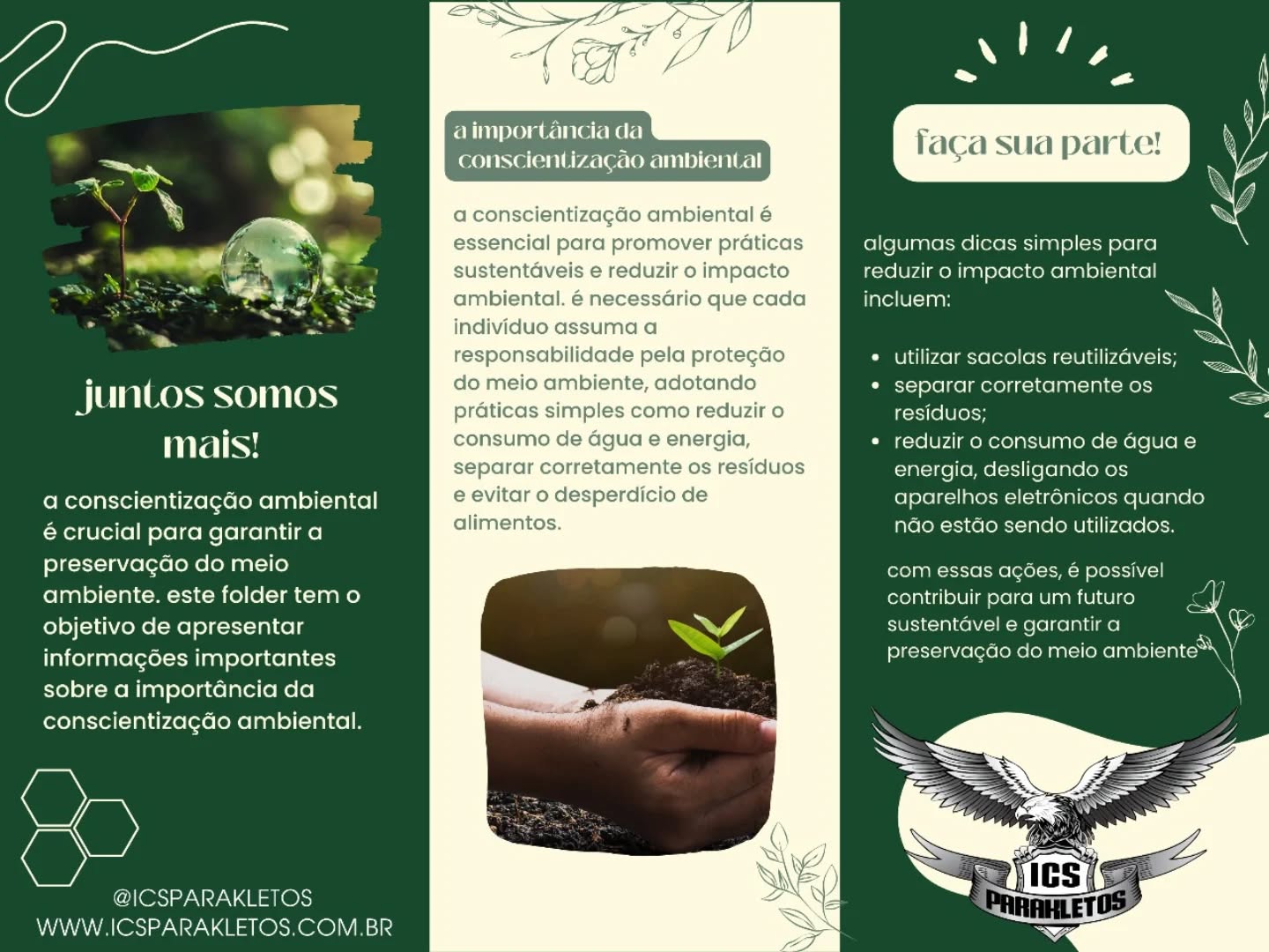 💚 Juntos somos mais!
A conscientização ambiental é o primeiro passo para um futuro sustentável.
Na ICS Parakletos, acreditamos que pequenas atitudes do dia a dia podem gerar grandes transformações — desde o uso de sacolas reutilizáveis até a redução do consumo de água e energia.
Cada ação conta. 🌎
Promover a responsabilidade ambiental é garantir que as próximas gerações herdem um planeta mais equilibrado e saudável.
🌍 Conheça mais em: www.icsparakletos.com.br
📲 Siga nossas redes sociais: @icsparakletos
#ICSParakletos #Sustentabilidade #ConscientizaçãoAmbiental #MeioAmbiente #ResponsabilidadeAmbiental #Preservação #GestãoAmbiental #ESG #FuturoSustentável