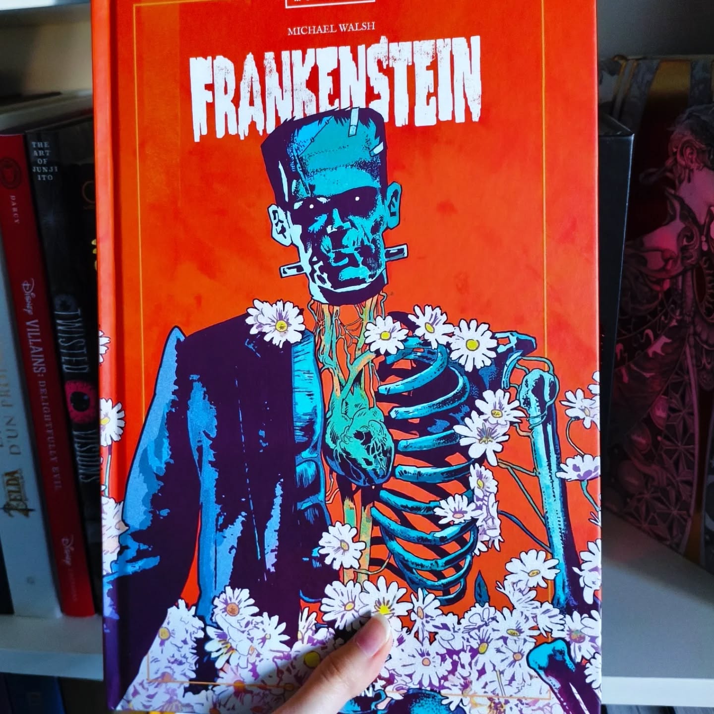 Universal Monsters Frankenstein by Michael Walsh.
How I've been waiting for this one to come out in France. Thanks to Guillermo Del Toro's Frankenstein coming out in the upcoming days we're getting a lot of Frankenstein books and being my favorite monster story (which is why I started reading long ago Hulk) it makes me very happy.
This comics is about Henry Frankenstein, the Universal movie version portrayed by Colin Clive. We follow a boy whose dead father's hands were used to create the monster.
I'm absolutly in love with the cover, it's one of the best Frankenstein 's monster art I saw honestly. The book arts are good too, the very restricted color palette add a lot of charm. I really loved it