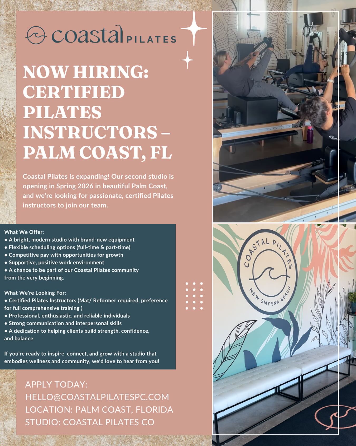 ✨ Coastal Pilates is Expanding! Now Hiring Certified Pilates Instructors – Palm Coast, FL ✨
We’re opening our second studio in Spring 2026, and we’re looking for passionate, certified Pilates instructors to join our Coastal community.
What We Offer:
🌿 Beautiful, modern space with brand-new equipment
🕓 Flexible full-time & part-time schedules
💰 Competitive pay + growth potential
🤍 Supportive, inspiring studio culture
Who You Are:
✔️ Certified in Mat/ Reformer (required, preference for full comprehensive training)
✔️ Professional, reliable, and uplifting
✔️ Dedicated to helping clients move with strength and confidence
If you’re ready to grow with a coastal-inspired community that values connection, wellness, and balance — we’d love to meet you.
📩 Apply today: hello@coastalpilatespc.com
📍 Palm Coast, FL
🌊 Coastal Pilates
#NowHiring #CoastalPilates #PilatesInstructor #PalmCoastJobs #FloridaPilates #PilatesCommunity #PilatesCareers #JoinOurTeam #PilatesLife #PilatesReformer #PilatesMat #WellnessCommunity #CoastalLiving