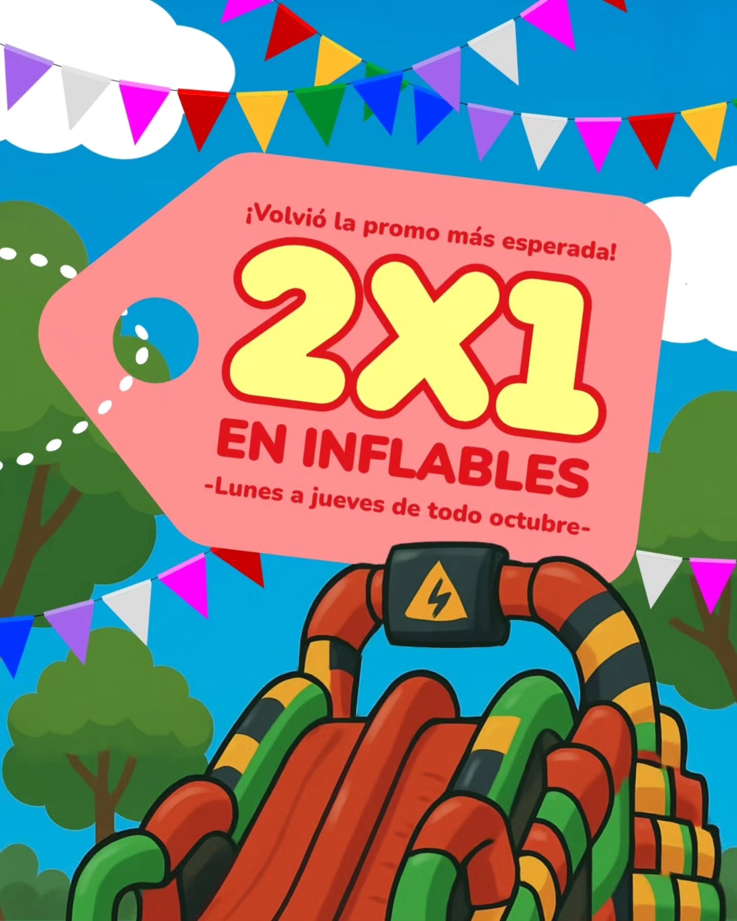 🎈 DOBLE DIVERSIÓN, MISMO PRECIO 🎈
Durante todo octubre, si reservás un inflable entre semana (de lunes a jueves), ¡te lo quedás DOS DÍAS al precio de uno! 🧡
Sí, leíste bien: 2x1 en inflables.
Perfecto para escuelas, clubes, jardines o eventos privados.
💳 ¡Y podés pagar en 3 cuotas fijas!
📲 Mandanos un mensajito y asegurá tu lugar. Las fechas se van volando ✨
\#promosinflables #inflables2x1 #eventos #inflables #deliveryfun #promooctubre #alquilerdeinflables