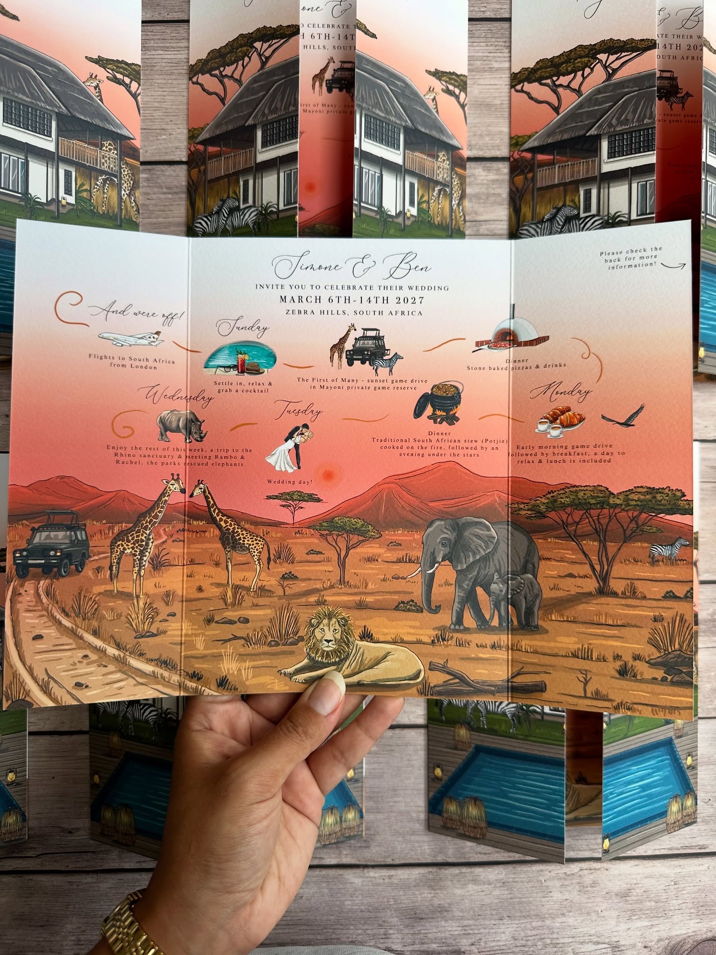 The last one I promise! 🤩
Gatefold cards are a great way of informing your guests of your wedding week plans all in one place, while building that excitement through illustrations 🐘. They also make the best keepsake of your wedding for you to look back on in years to come ☺️.
Please enquire through our website or the email form in the bio!
•
#safariwedding #safariweddinginvitation #southafricawedding #zebrahills #safarianimals #saweddings #safarithemewedding #illustation #safariillustration