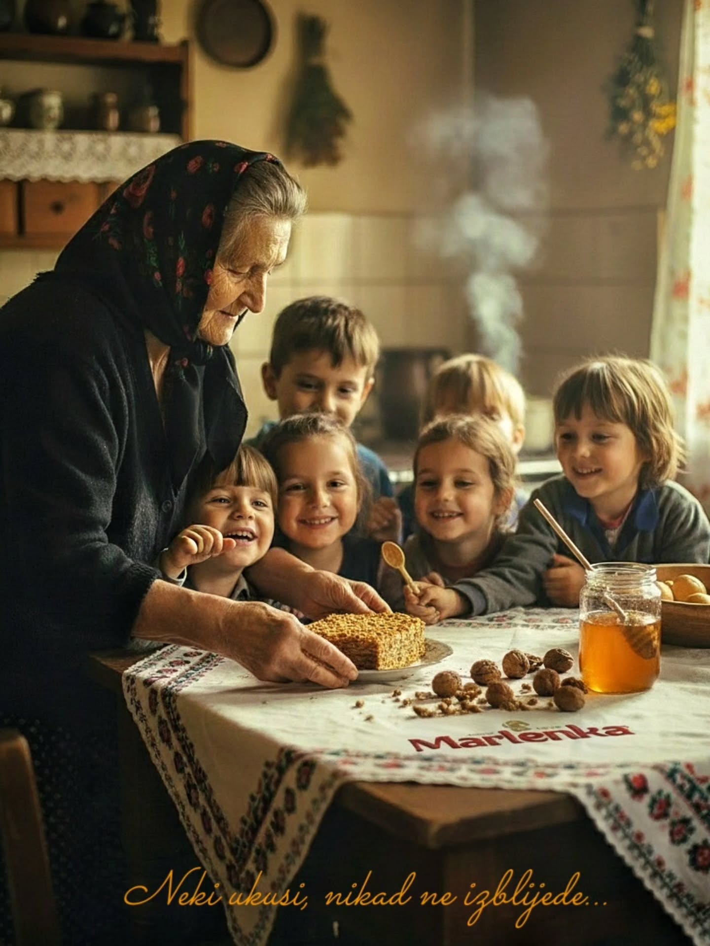 Nekad se nije žurilo. Med se grijao na šporetu, orasi su se ručno lomili i mljeli a kućom se širio miris torte iz peći. Okupljali smo se svi oko stola, uz priču, smijeh i kolače. Nije bilo tehnologije, ali smo dijelili ono najvažnije: vrijeme, ljubav i uspomene koje i danas nosimo u srcu ❤️🔥
Tako je nastala Marlenka-iz topline doma, iz bakinog osmijeha i mirisa djetinjstva.
Jer neki ukusi nikad ne izblijede… oni ostaju! U sjećanjima, u nama! 🧑🦳🍯💛