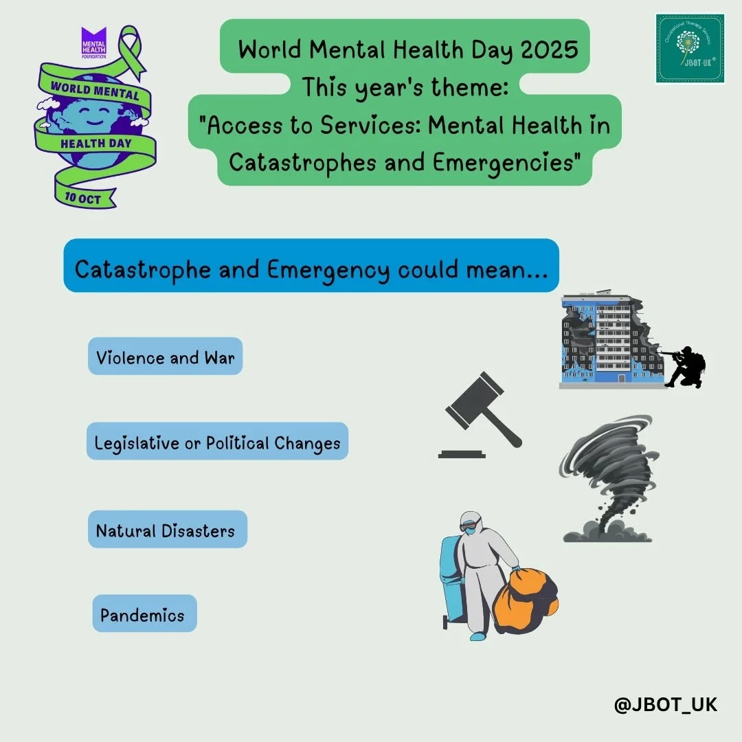 For World Mental Health Day 2025, I have thought about a significant global issue using a specific and local lens.
The world can feel scary, maybe even more than it used to. In times like this, who can you turn to when you need help? What can you do to look after your mental health? How can you help others?
#WorldMentalHealthDay #Neurodiversity #TraumaInformedCare #OT #Sensory #Autism #ADHD #Dyspraxia #AuDHD #Justice #Rumination #War #EmotionalSafety #Equality #ReproductiveRights #InclusiveMentalHealth #MentalHealthMatters #GlobalConflict #Guns #NeuroaffirmingTherapy #Freedoms #GooGooDolls