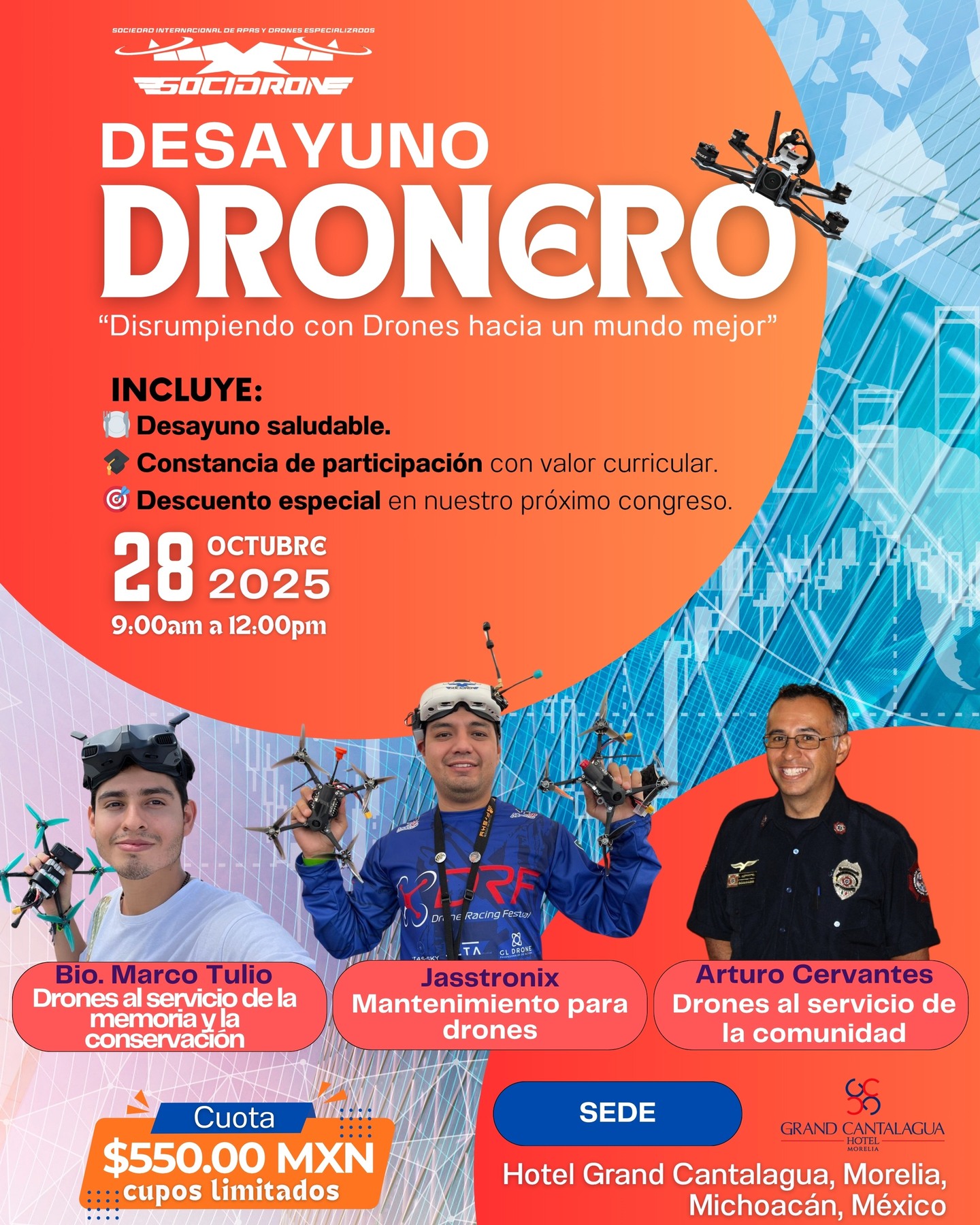 🎯 Desayuno Dronero SOCIDRON | 28 de Octubre
📍 Modalidad presencial y en línea 🕘 9:00 AM – 12:00 PM (Hora Centro de México)
Registro: https://www.dronemex.org/service-page/desayuno-dronero-2025
Prepárate para despegar con conocimiento, comunidad y café. SOCIDRON te invita a un evento exclusivo diseñado para quienes viven y vuelan con pasión por la tecnología RPAS.
🍽 Modalidad presencial incluye:
Sede: Hotel Grand Cantalagua Morelia
Desayuno saludable y networking con expertos
Constancia de participación impresa
Descuento especial para nuestro próximo Congreso Nacional
💻 Modalidad en línea incluye:
Acceso en vivo a las conferencias
Constancia digital de participación
🎙 Temática central: Tres ponencias clave con temas indispensables para el piloto de drones moderno. Desde normativas hasta aplicaciones avanzadas, este desayuno es tu punto de encuentro con la excelencia operativa.
🎫 Cupo limitado. Evento con valor curricular.
📌 ¡Inscríbete y forma parte de la comunidad que está transformando el cielo profesional!
