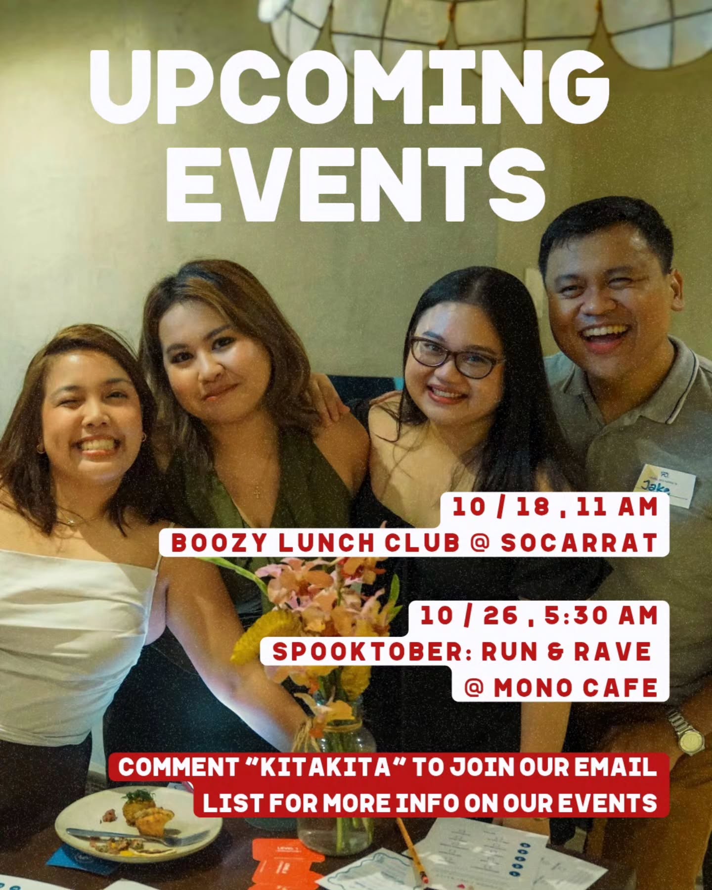 The group chat youโve been waiting for but IRL โจ
Coming up this October 2025:
๐ท Boozy Lunch Club @ Socarrat (Oct 18)
๐ Spooktober: Run & Rave, a Halloween costume rave that kicks off with a run with @notjust.friends @ Mono Cafe (Oct 26)
Which one are you joining? Let us know in the comments โฌ๏ธ and join our email list so you donโt miss a thing!