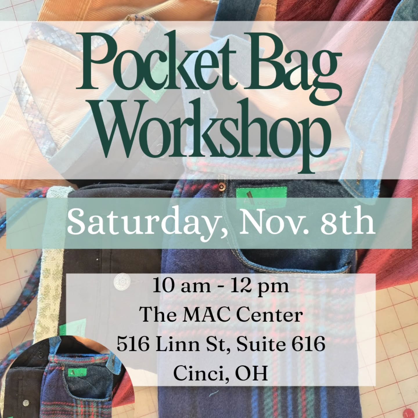 Join us for a fun fall 🍂 activity!
Transform your old pants, skirts, or shorts into multiple bags of one large one! Our designer will show you how to upcycle and repurpose your old clothes into a fashionable accessory.
Join us @atthemacc November 8th from 10 am to 12pm.
Register today through the link in bio!
#workshops #sewingincincy #sewcincinnati #sewingclass #amalinecollections