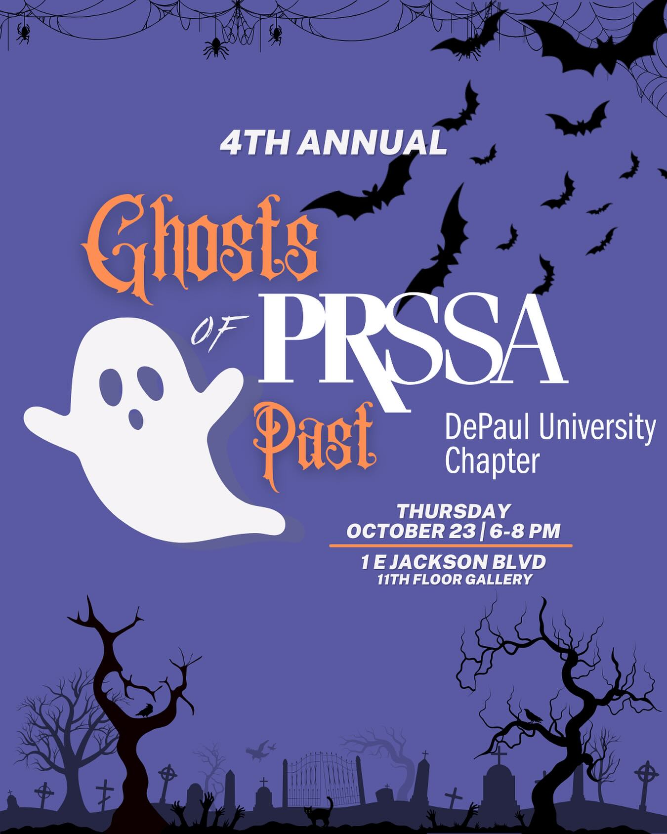 👻 Something spooky comes this way… 👻
Get ready for a frightfully fun evening as the “Ghosts of PRSSA Past” rise again! 🎃 Join current and former members of DePaul PRSSA for an evening filled with haunting stories, eerie laughs, and fang-tastic networking opportunities!
The 11th Floor Gallery (DePaul Center) will transform into a realm where the spirits of PRAD and CMN, past, present, and future, unite. Expect spooky snacks, chilling conversations, and un-boo-lievable connections!
Whether you’re a brand-new member or a seasoned PR pro returning to your old haunt, this event is to die for. 💀
Thursday, October 23rd, 2025
1 E Jackson BLVD (DePaul Center)
6 PM - 8 PM
RSVP using the link in our bio