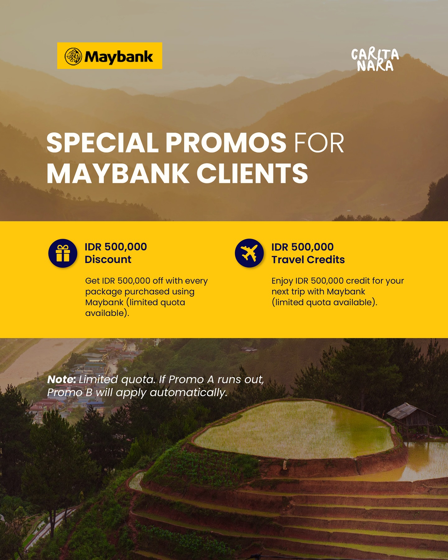 Good news for Maybank clients!
Carita Nara and Maybank are bringing you exclusive perks for all Carita Nara experiences — from curated trips and workshops to private events and corporate retreats.
Enjoy IDR 500,000 discount or travel credits when you join any Carita Nara program using Maybank. Whether you’re signing up for our upcoming events, planning a company retreat, or booking a custom journey, this offer is yours to enjoy.
Carita Nara is your creative travel and event planner, connecting people through unique experiences across Indonesia. Don’t miss our next series of events, including Music for Kids, Jungle Yoga Mom & Me, Animal Storytelling, Borobudur Marathon 2025, and Il Festino Maybank Cycling Series 2025.
Your story begins with Carita Nara x Maybank — where every experience is worth remembering. DM us for more info!
#MaybankIndonesia #MaybankPromo #ExploreIndonesia #TravelPromo #IndonesiaEvents #UniqueExperiences #CorporateRetreat #EventPlannerIndonesia #LuxuryTravelIndonesia #BorobudurMarathon #MaybankCyclingSeries #CaritaNaraExperiences #FamilyEventsIndonesia #MusicForKids
