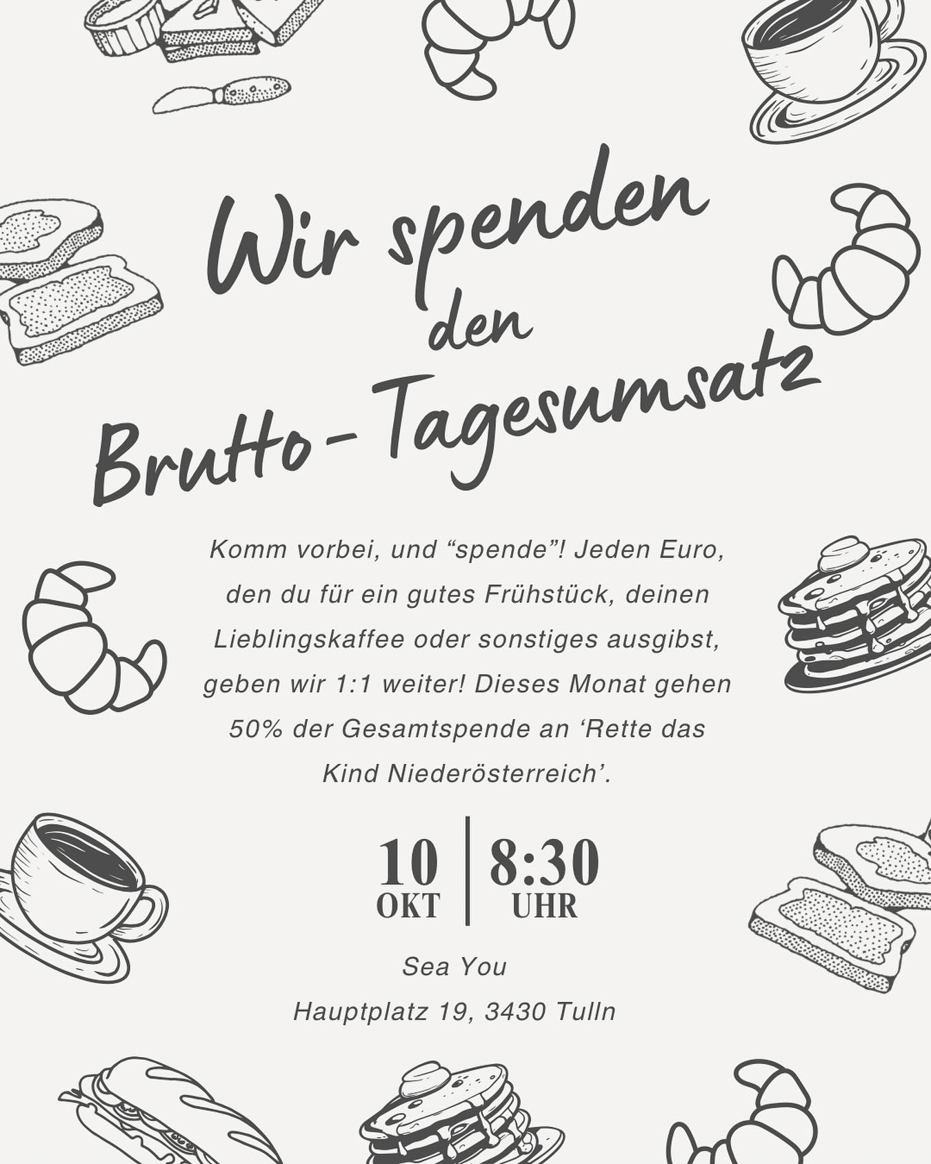 Morgen, Freitag, ist schon wieder der 10.! Und dank eurer großartigen Unterstützung machen wir auch jetzt in der kalten Jahreszeit mutig mit dem Spenden weiter. Dieses Monat gehen 50% der Brutto-Gesamtspende an @rettetdaskindnoe die in Judenau Kinder und Jugendliche auf ihrem Weg unterstützen. Komm und mach mit, lasst uns mit gutem Vorbild vorangehen und eine Inspiration für andere Betriebe sein! Teil diesen Beitrag, kommentiere und like damit wir möglichst viele Menschen erreichen die ebenfalls den Wunsch verspüren unsere Welt Stück für Stück ein bisschen besser zu machen 🤗♥️
#seayou #seayouintulln #breakfast #spenden #bepartofthesolution #gemeinsamstark #donation #wirstattich #weltverbesserer