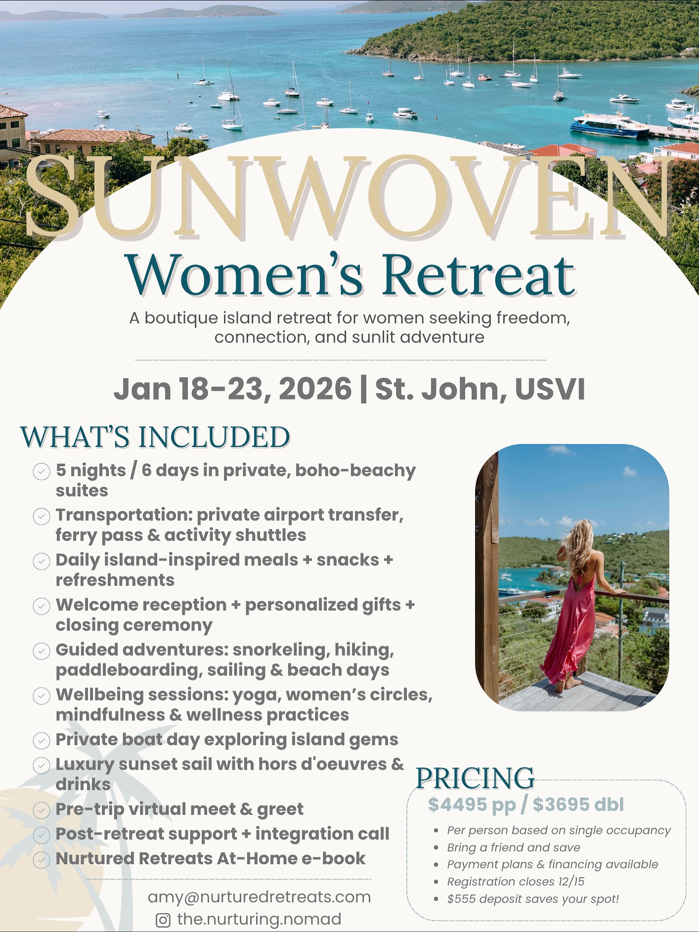 Imagine starting the new year with sunshine on your skin, a Jeep full of new friends, and nothing on your agenda but beaches, good food, connection, and moments that make you feel alive again.
If that sounds like your kind of reset… this is your invitation. 🌴🤍
This will be our 4th year hosting retreats on St. John — and it’s already shaping up to be the best one yet.
The Sunwoven Women’s Retreat is happening January 18–23, 2026 in St. John, USVI — created for women who want a week that feels fun, freeing, and full of adventure (with plenty of time to just be). Not rushed. Not overplanned. Just all the good things that help you reconnect with yourself.
WHAT’S INCLUDED
✨ Private, boho-beachy suites
✨ All transportation (airport pickup, ferry pass + shuttles)
✨ Daily island-inspired meals + snacks
✨ Welcome reception + personalized gifts
✨ Snorkeling, hiking, paddleboarding, sailing & beach days
✨ Yoga, women’s circles, mindfulness + wellness rituals
✨ Private boat day to hidden coves
✨ Luxury champagne sunset sail
✨ Closing ceremony
✨ Pre-trip meet & greet + post-retreat support
THE VIBE
Think: golden afternoons, salty hair, barefoot freedom, sunset dinners, spontaneous moments, good laughs, island adventures, and that “I needed this more than I realized” feeling.
PRICING
🤍$4,495 private suite
🤍$3,695 bring-a-friend rate
🤍$555 deposit
🤍Payment plans available
Only 3 suites left. Registration closes soon.
If your body is saying yes, listen.
Comment SUN, DM me or tap the link in my bio to grab one of the final suites. 🏝️🌞
#sunwovenretreat #stjohnusvi #womensretreat #wellnesstravel #adventuretravel #womenwhotravel #girlswhotravel #girlstrip #islandretreat
#caribbeangetaway #thenurturingnomad
#nurturedretreats