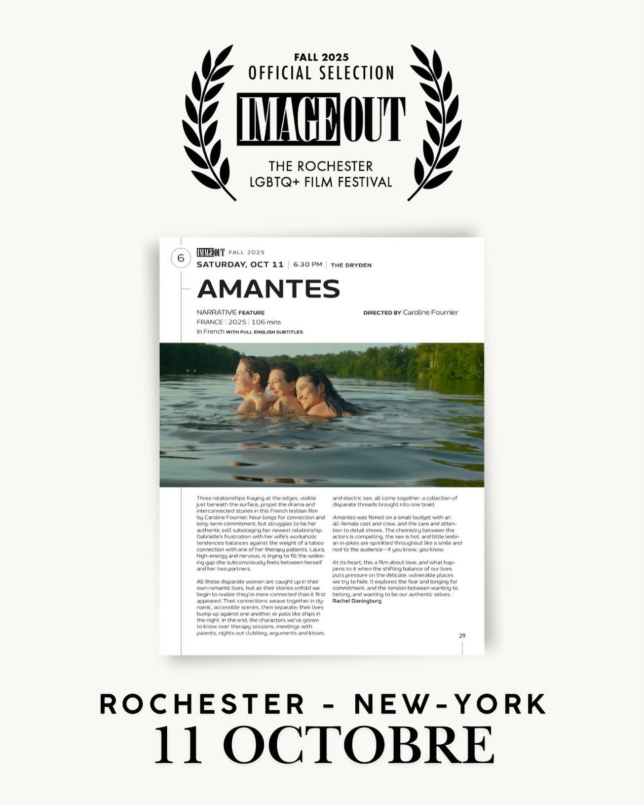 Ce soir projection à Rochester dans l’état de New-York 🤩🥳😎 @imageoutroc thank you so much !! Hâte de savoir la reaction du public !
Extrait du catalogue ( Rachel Daningburg) :
Toutes ces femmes, chacune absorbée par sa propre vie amoureuse, semblent évoluer séparément. Mais, à mesure que leurs histoires se déploient, on comprend qu’elles sont bien plus liées qu’il n’y paraît. Leurs destins se croisent et se décroisent dans des scènes dynamiques et naturelles : parfois leurs vies s’entrechoquent, parfois elles se frôlent, comme des bateaux dans la nuit.
À la fin, les personnages que nous avons appris à connaître — à travers les séances de thérapie, les rencontres familiales, les soirées en club, les disputes, les baisers et le sexe électrique — se rejoignent enfin : un ensemble de fils disparates tissés en une seule et même tresse.
Amantes a été tourné avec un petit budget, une équipe et une distribution entièrement féminines — et l’attention portée aux détails se ressent à chaque instant. L’alchimie entre les actrices est saisissante, les scènes d’amour sont intenses, et de petits clins d’œil pleins d’humour à la culture lesbienne parsèment le film — celles qui savent comprendront.
Au fond, c’est un film sur l’amour — et sur ce qu’il devient quand l’équilibre mouvant de nos vies exerce une pression sur ces zones fragiles et vulnérables que l’on tente de cacher. Il explore la peur et le désir d’engagement, la tension entre le besoin d’appartenance et la quête d’authenticité.
#rochester #festival #queer