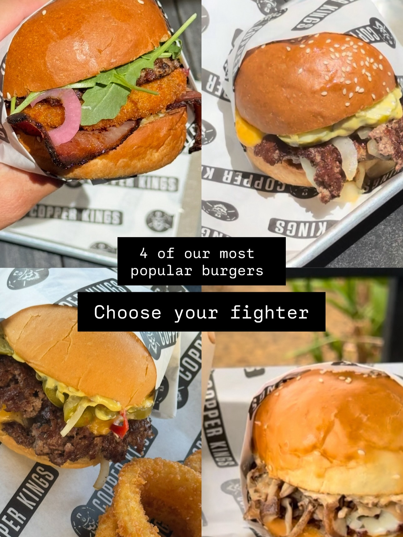 Choose your fighter 🔥🍔
Four burgers. Four personalities. Four legends. Only one can take the crown. 👑
💥 The Burger
6 oz smashed house beef blend with American cheese, grilled onions, pickles, and Copper Sauce on a house-made Japanese milk bun. The OG. Simple. Iconic. Never misses.
🌶️ The Spicy Burger
6 oz smashed beef blend with American cheese, grilled onions, house-pickled chiles, and Copper Sauce on a Japanese milk bun. Turns up the heat — and doesn’t apologize for it.
🍄 Shiitakes All That
6 oz smashed beef blend topped with Swiss cheese, grilled onions, shiitake mushrooms, and mushroom chili aioli on a Japanese milk bun. Mushrooms, Swiss, and main-character energy.
🐐 The G.O.A.T.
3 oz smashed beef blend with fried herbed goat cheese, pickled onion, house-cured bacon, arugula, and tarragon aioli on a Japanese milk bun. Fried goat cheese. Enough said.
Who’s your pick? 👇 or if your fav burger isn't on this list, what's your all time favorite at Cooper Kings!? Sound off in the comments.
📍Copper Kings Burgers — San Marcos, CA
.
.
.
.
.
.
.
#CopperKingsBurgers #BestBurgers #GourmetBurgers #JuicyBurgers #BurgerLovers #FoodieFinds #BurgerHeaven #HandcraftedBurgers #FoodiesOfInstagram #BurgerTime #GrillMasters #CheesyGoodness #TastyBurgers #BurgerAddict #EatLocal #Foodstagram #BurgerPerfection #MouthwateringEats #SmashBurgers #SanDiego #SandiegoEats #SDMagazine #bestof2025 #bestofsandiego #dontstopmenow #bestburger #bestrestaurant