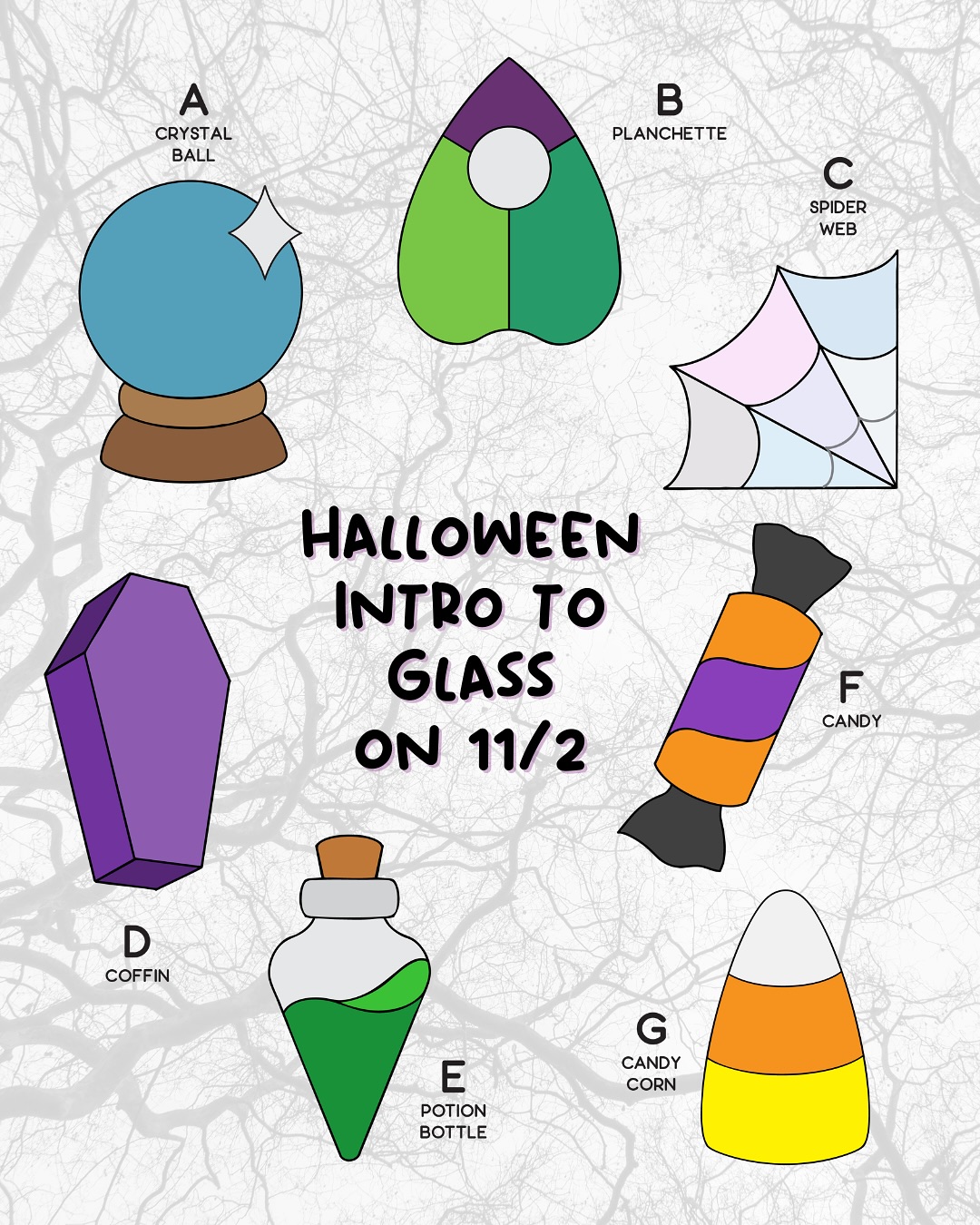 A peak at the patterns we’re offering for our Halloween Intro to Glass Class! 👻🧡 I can’t believe we’ve already filled two sections, but so excited to offer a THIRD and final one on Halloweekend itself! You can swipe or check out the video I made as well to see the student work from the first section - all total beginners who made beautiful pieces in just one day 💖 if you have ANY questions about this class, feel free to ask!