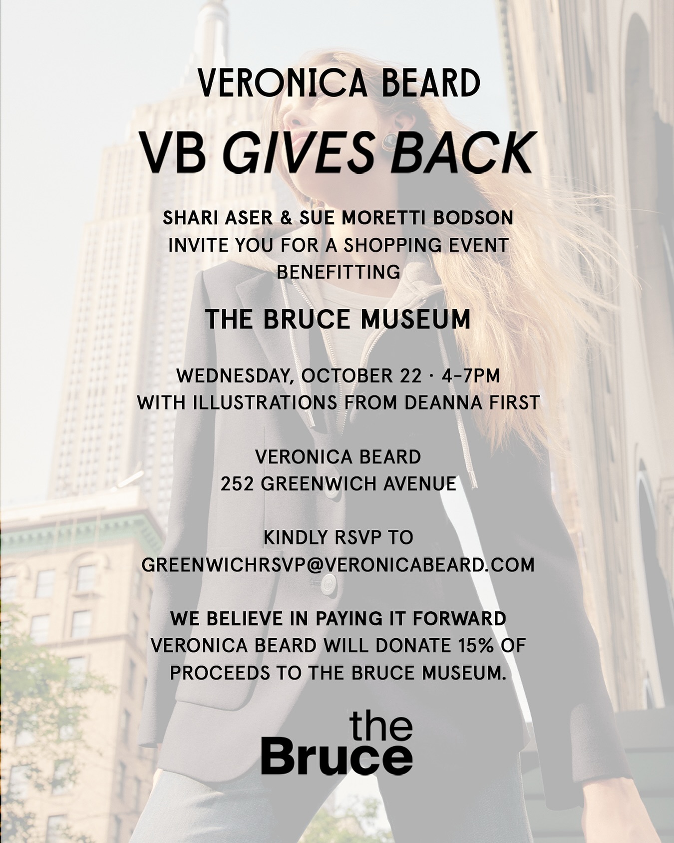 VB GIVES BACK 💛
Join @seaser13 & @sembodson as we shop for a cause benefitting @thebrucemuseum.
Enjoy an evening of style, community, and creativity — featuring complimentary, live illustrations by the incredibly talented @deanna_first !
Wednesday, October 22 | 4–7PM
Veronica Beard, 252 Greenwich Avenue
RSVP: greenwichrsvp@veronicabeard.com
15% of proceeds will be generously donated to support The Bruce Museum. Let’s give back — in style.
#VBGivesBack #VeronicaBeard #TheBruceMuseum #DeannaFirst #ShopForGood #GreenwichStyle #PayItForward #givewhereyoulive