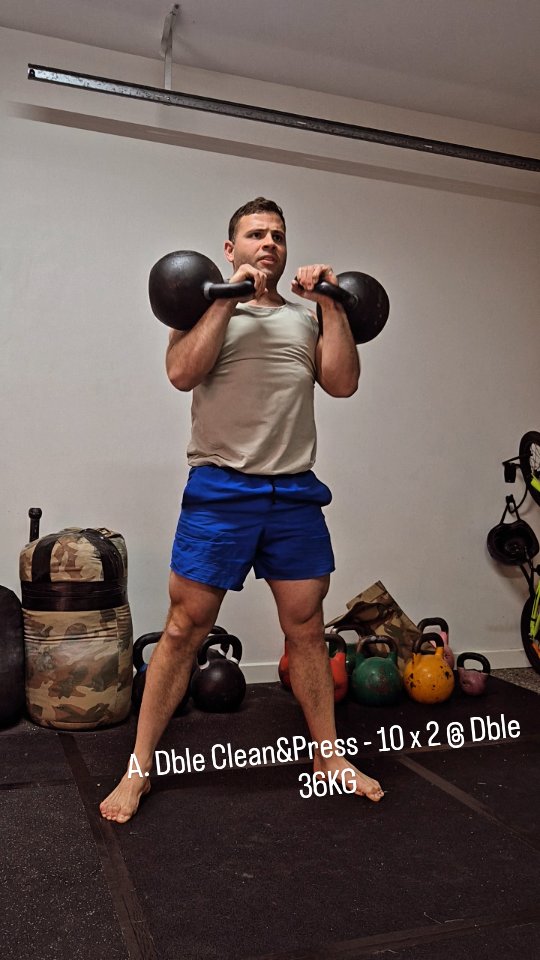 TUES SESSION - 7TH OCT 2025
DBLE CLEAN&PRESS - 10 X 2 @ 36/36KG
SB SHOULDER TO LUNGE - 4 X 1/1 @ 105KG
VERTICAL SB ROW - 5 X 6 @ 105KG
I’ve been working on keeping rest periods short. Getting through the whole session with a bit of pace and not dragging it out. Developing a bit of conditioning. You’re still lifting heavy, but the pace builds a different kind of endurance, usable strength that carries over to real work and movement.
Heart rate stays up, breathing’s controlled, and the body learns to handle load under fatigue.
Focusing on singles with the lunges has the purpose of balancing out the stability in my hips. I could go for reps on my left side, not so much on my right. Just building volume slowly here, focusing on feeling stable over anything else.
#strongfirst #kbstrong #hardstylekettlebell #sandbagtraining #sfg #strongfirstaustralia